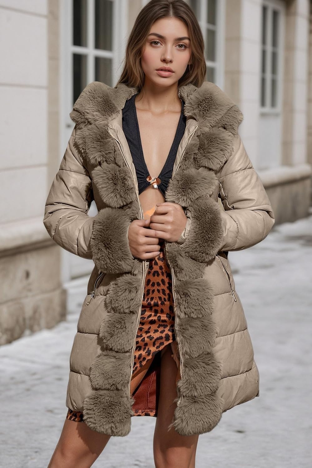 image:imageRISISSIDA Women Winter Puffer Leather Coat with Fur Trim Hooded ColdresistantFaux Fur Lined Long Quilted Puffy JacketWarm Collar Down Thicken Bubble Overcoat for Extreme WeatherGirdleGray