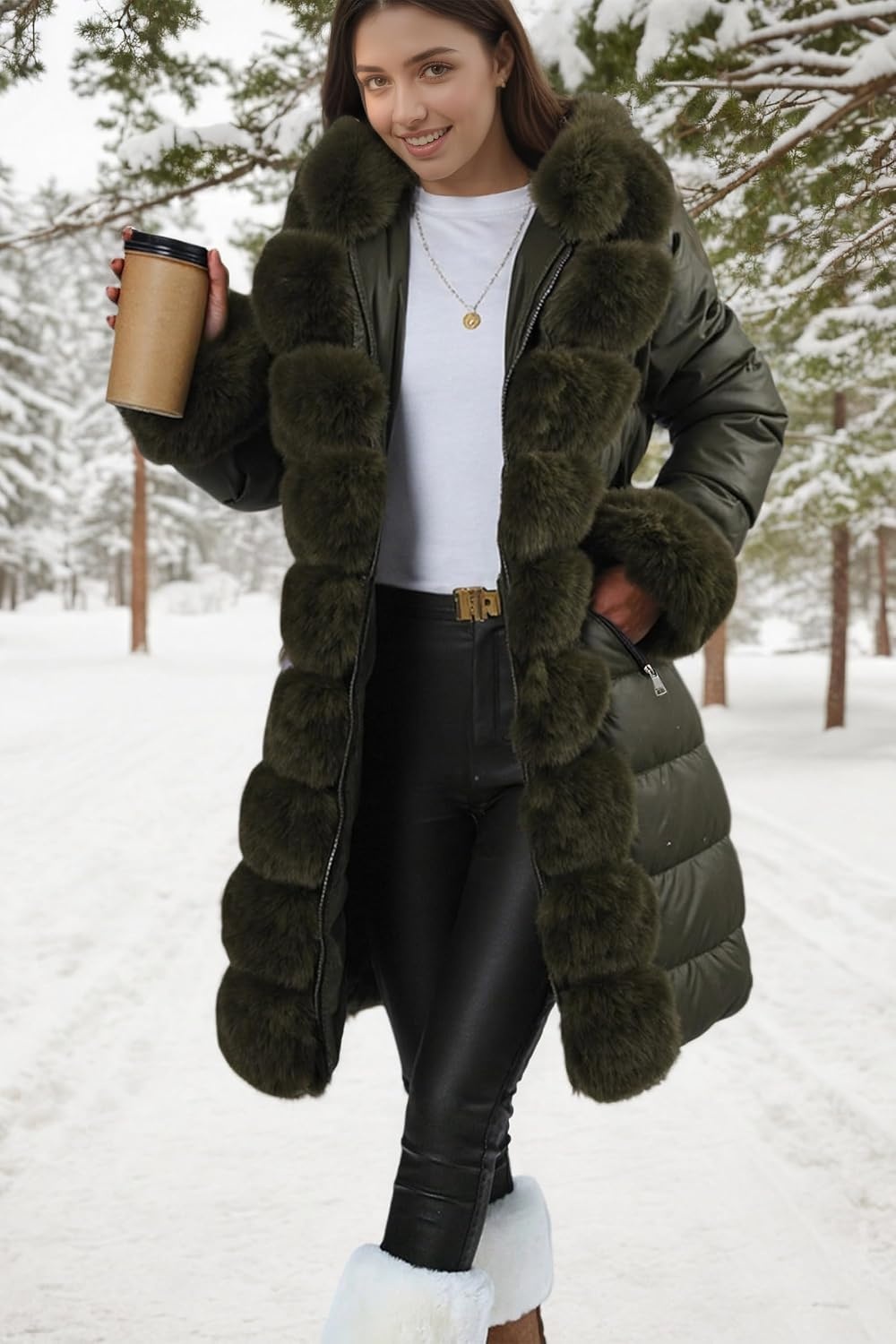 image:imageRISISSIDA Women Winter Puffer Leather Coat with Fur Trim Hooded ColdresistantFaux Fur Lined Long Quilted Puffy JacketWarm Collar Down Thicken Bubble Overcoat for Extreme WeatherGirdleGreen