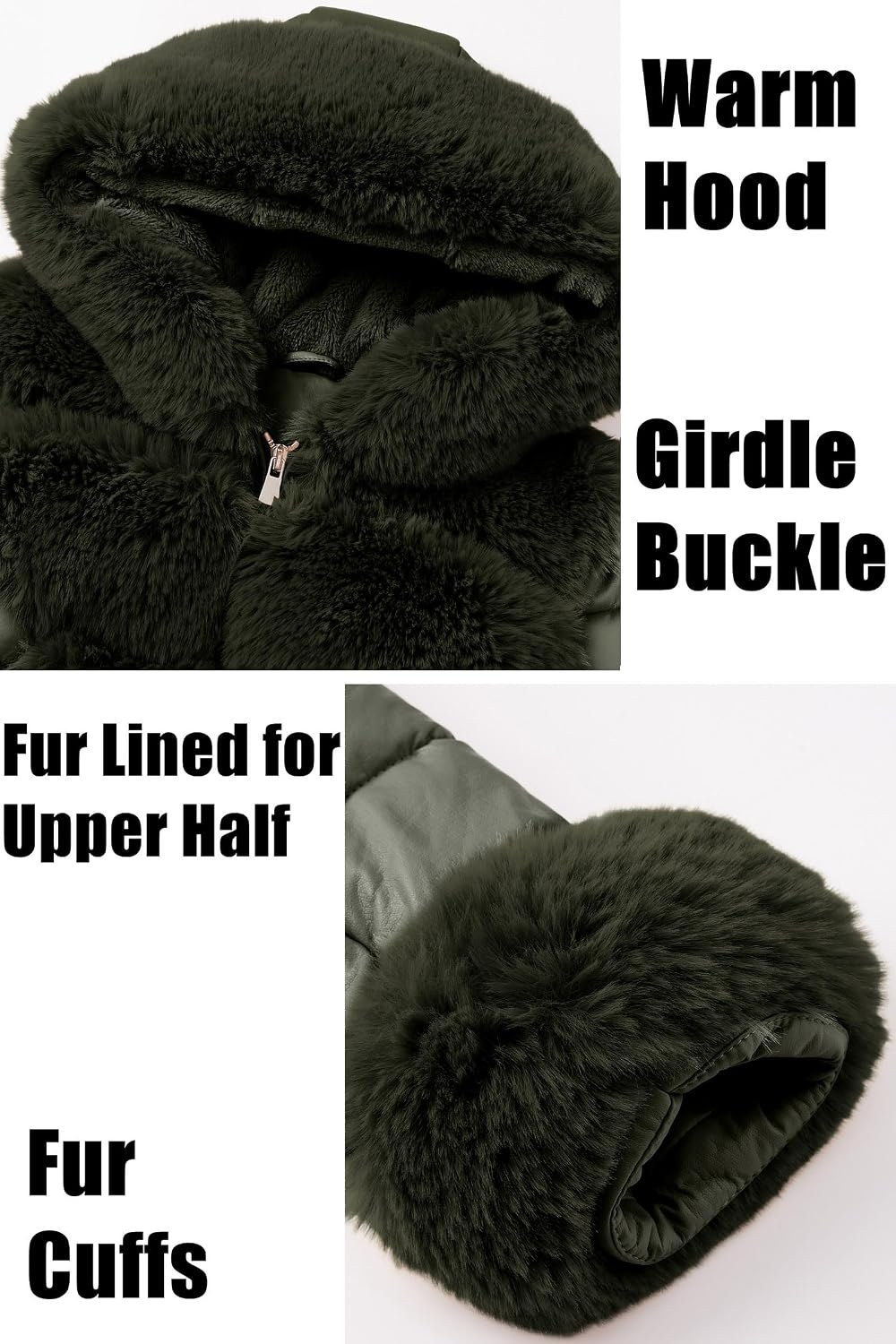 image:imageRISISSIDA Women Winter Puffer Leather Coat with Fur Trim Hooded ColdresistantFaux Fur Lined Long Quilted Puffy JacketWarm Collar Down Thicken Bubble Overcoat for Extreme WeatherGirdleGreen
