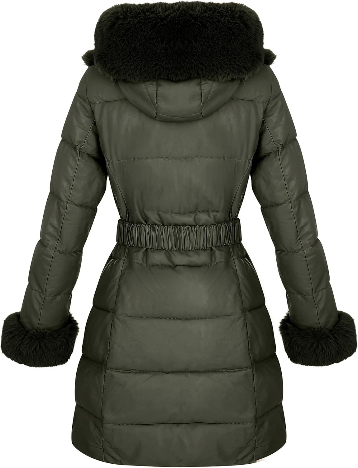 image:imageRISISSIDA Women Winter Puffer Leather Coat with Fur Trim Hooded ColdresistantFaux Fur Lined Long Quilted Puffy JacketWarm Collar Down Thicken Bubble Overcoat for Extreme WeatherGirdleGreen