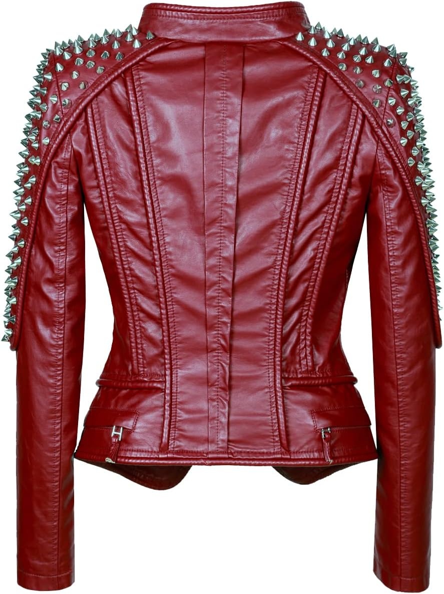 image:imageSX New Punk Rivet faux leather PU Jacket Women fashion Biker Jacket Black Slim Fit Streetwear CoatWine