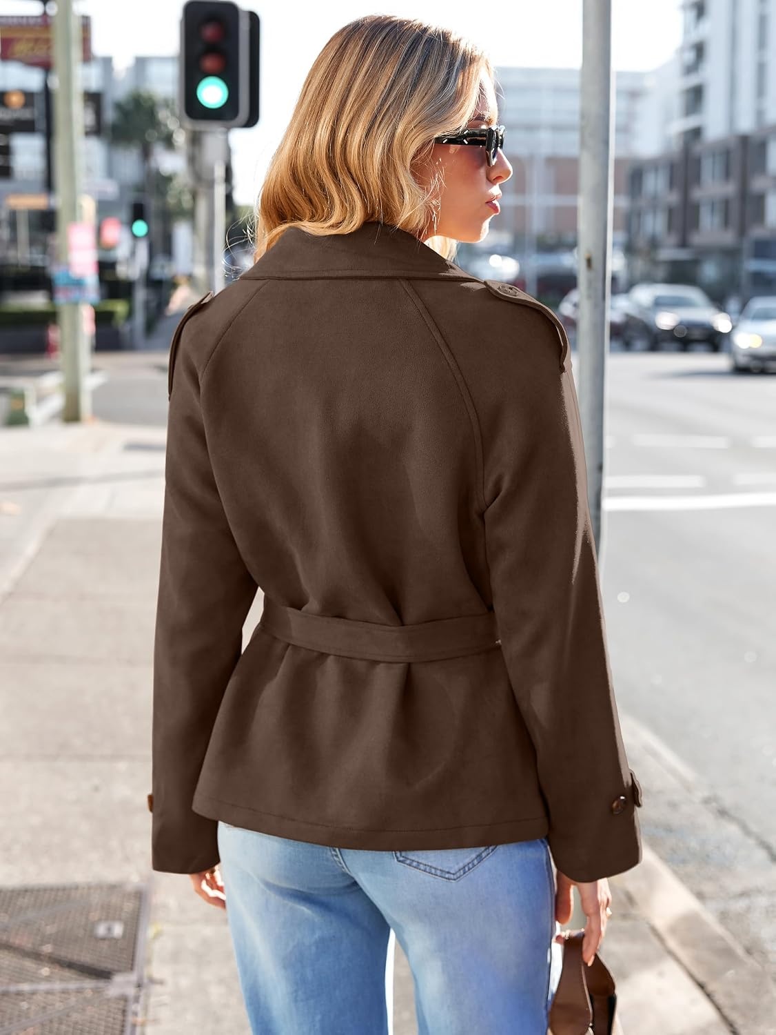 image:imageSimplee Womens Faux Suede Jacket Fall Short Trench Coat with Belt Long Sleeve Faux Leather Winter Casual Work Outerwear Lapel Collar Button Down Lightweight Wrinkleresistant PocketDark Brown