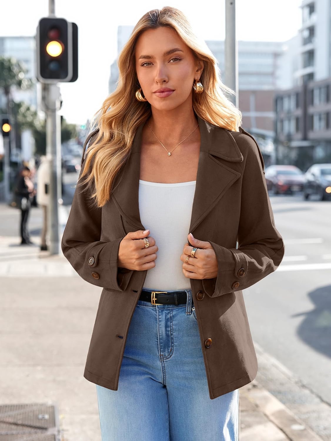 image:imageSimplee Womens Faux Suede Jacket Fall Short Trench Coat with Belt Long Sleeve Faux Leather Winter Casual Work Outerwear Lapel Collar Button Down Lightweight Wrinkleresistant PocketDark Brown