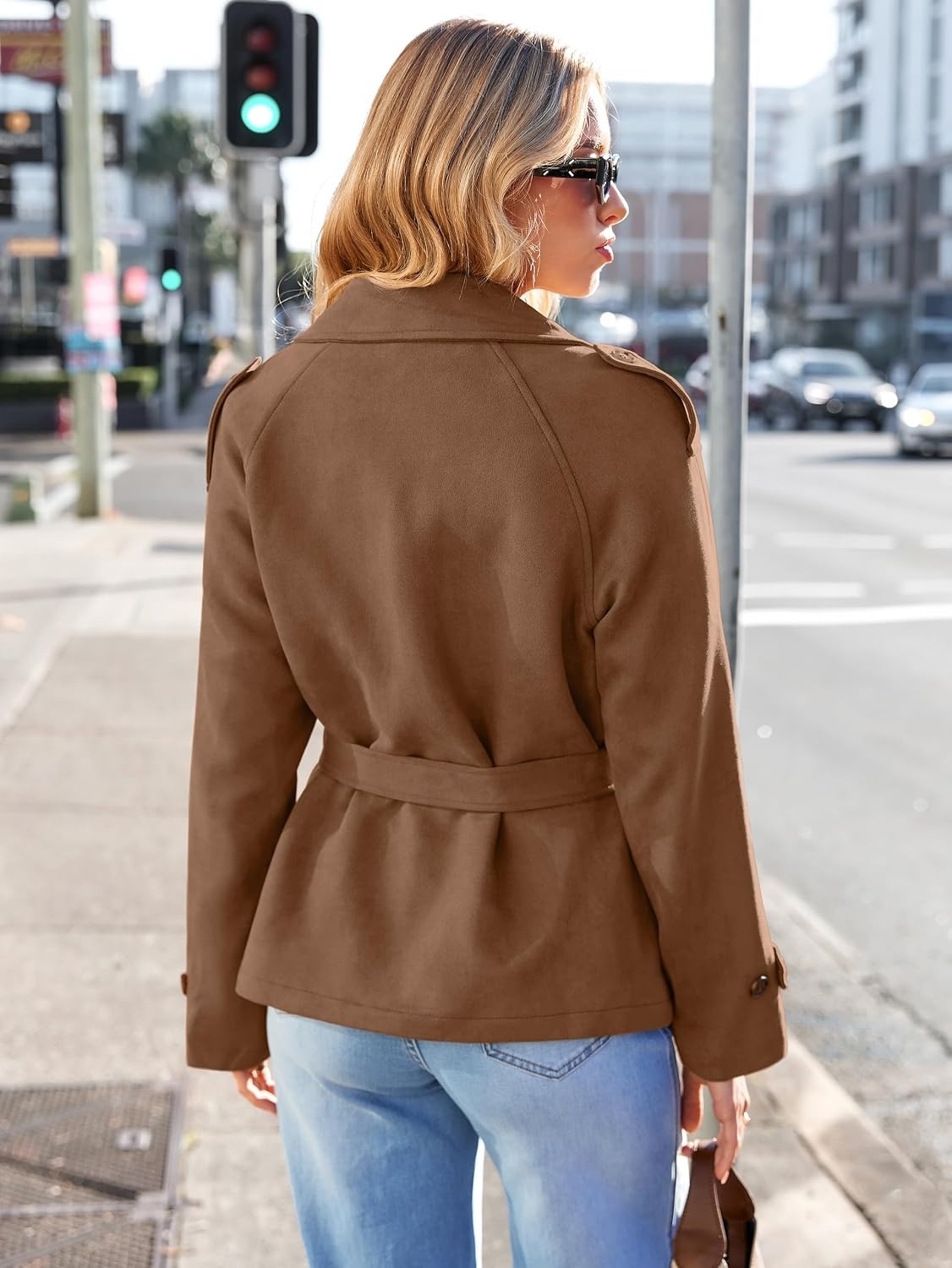 image:imageSimplee Womens Faux Suede Jacket Fall Short Trench Coat with Belt Long Sleeve Faux Leather Winter Casual Work Outerwear Lapel Collar Button Down Lightweight Wrinkleresistant PocketCamel