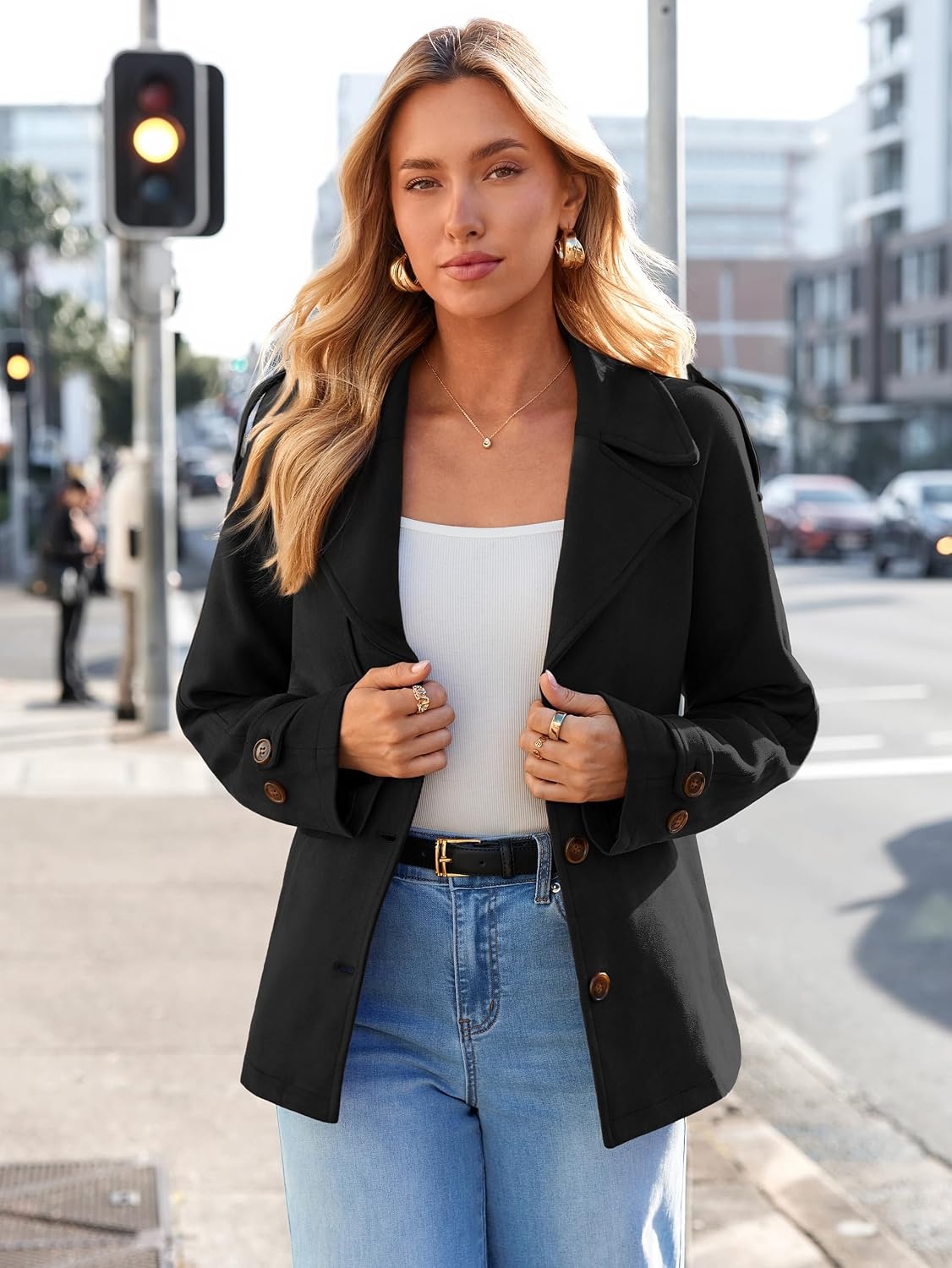 image:imageSimplee Womens Faux Suede Jacket Fall Short Trench Coat with Belt Long Sleeve Faux Leather Winter Casual Work Outerwear Lapel Collar Button Down Lightweight Wrinkleresistant PocketBlack