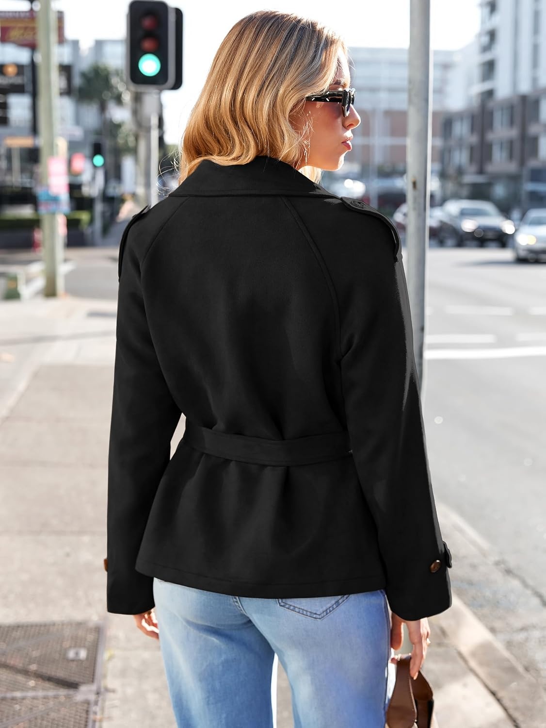 image:imageSimplee Womens Faux Suede Jacket Fall Short Trench Coat with Belt Long Sleeve Faux Leather Winter Casual Work Outerwear Lapel Collar Button Down Lightweight Wrinkleresistant PocketBlack