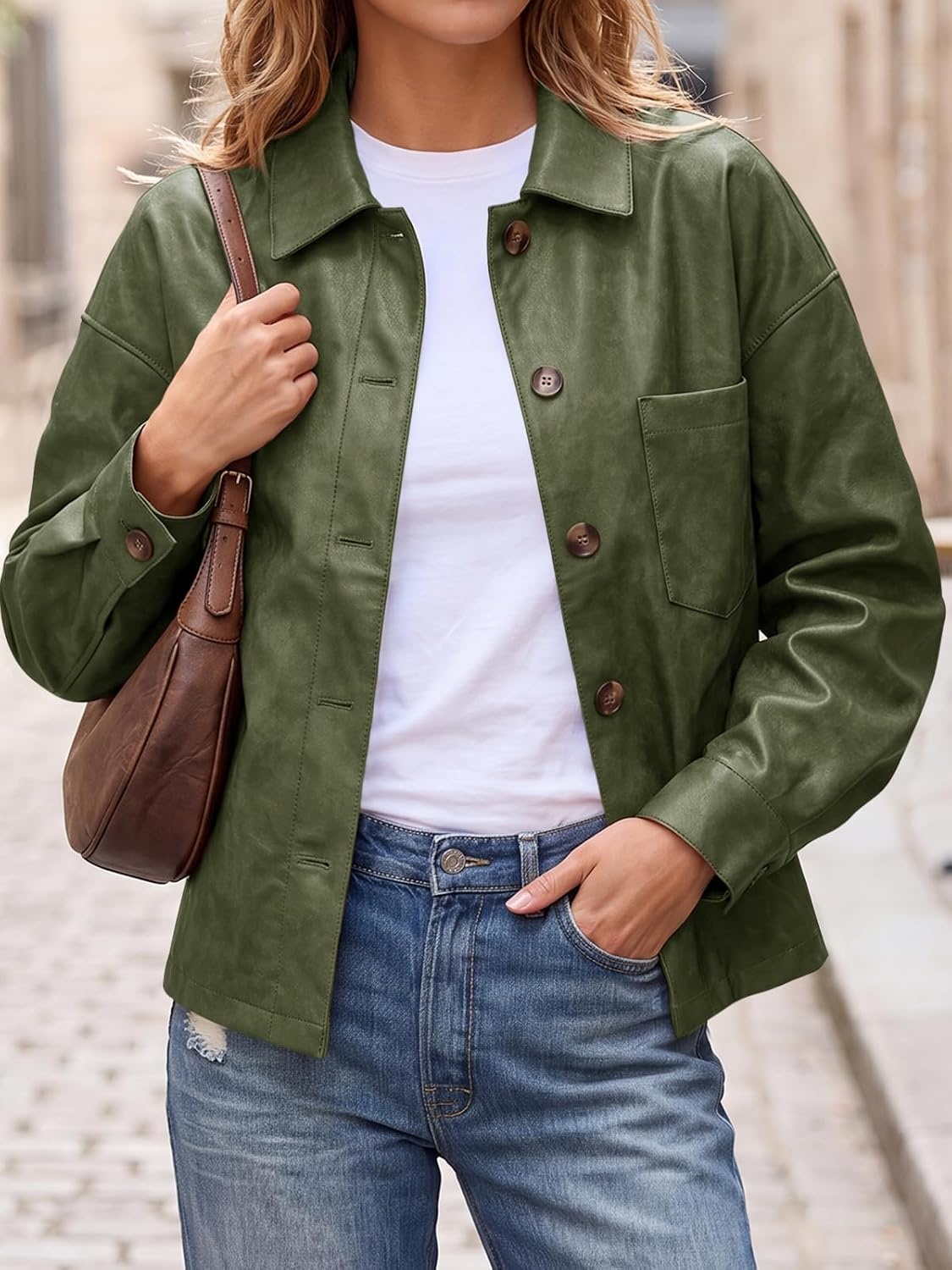 image:imageTankaneo Womens Collared Button Down Faux Leather Jackets Casual Outwear LapelFlat Chest PocketLong SleevesFully LinedMotorcycle ShacketBomber JacketVintage CoatTrendyFall FashionArmy Green