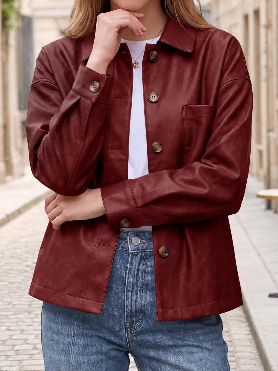 image:imageTankaneo Womens Collared Button Down Faux Leather Jackets Casual Outwear LapelFlat Chest PocketLong SleevesFully LinedMotorcycle ShacketBomber JacketVintage CoatTrendyFall FashionWine Red
