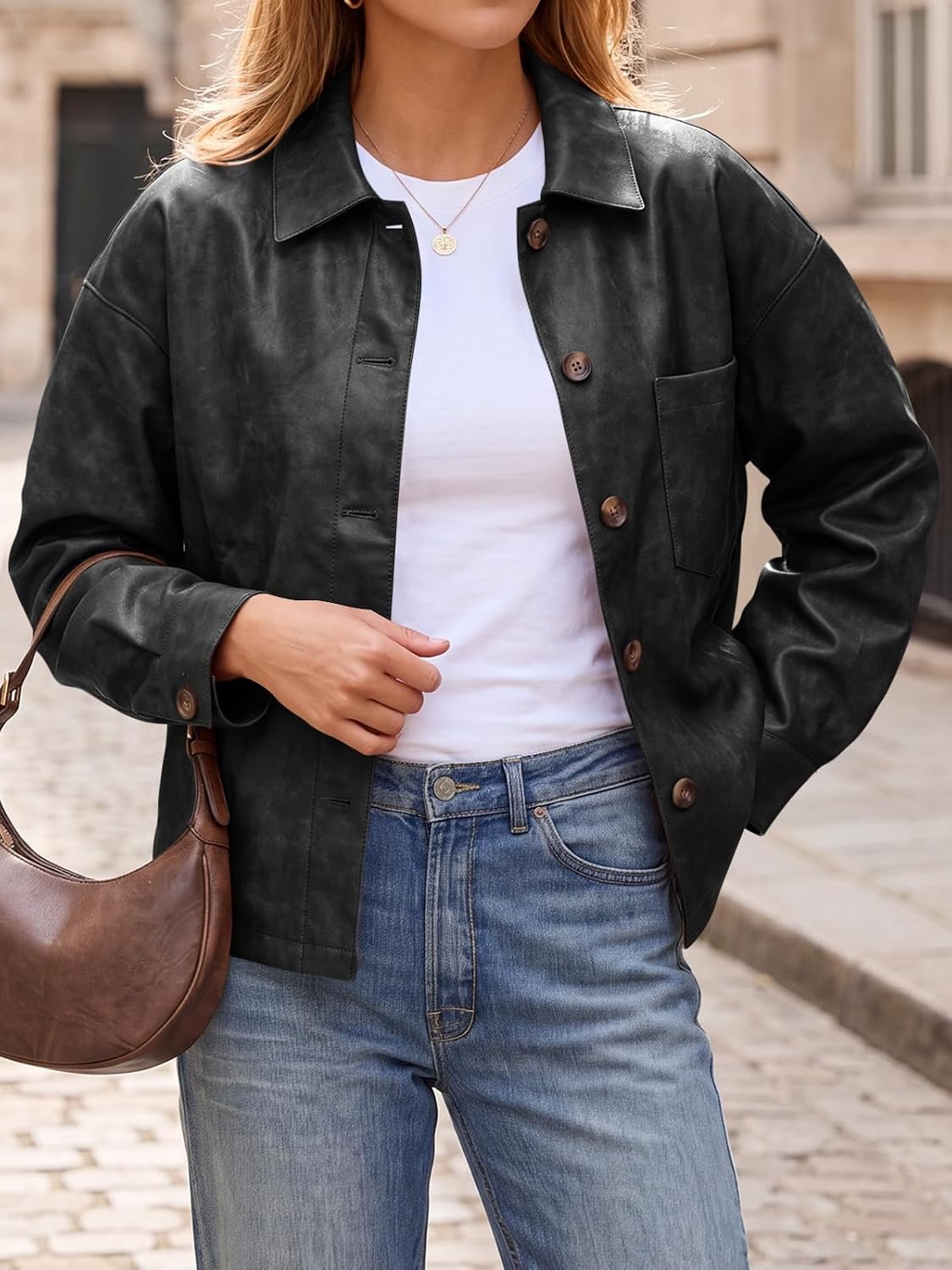 image:imageTankaneo Womens Collared Button Down Faux Leather Jackets Casual Outwear LapelFlat Chest PocketLong SleevesFully LinedMotorcycle ShacketBomber JacketVintage CoatTrendyFall FashionBlack