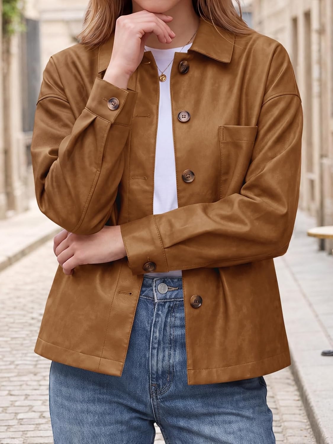 image:imageTankaneo Womens Collared Button Down Faux Leather Jackets Casual Outwear LapelFlat Chest PocketLong SleevesFully LinedMotorcycle ShacketBomber JacketVintage CoatTrendyFall FashionBrown