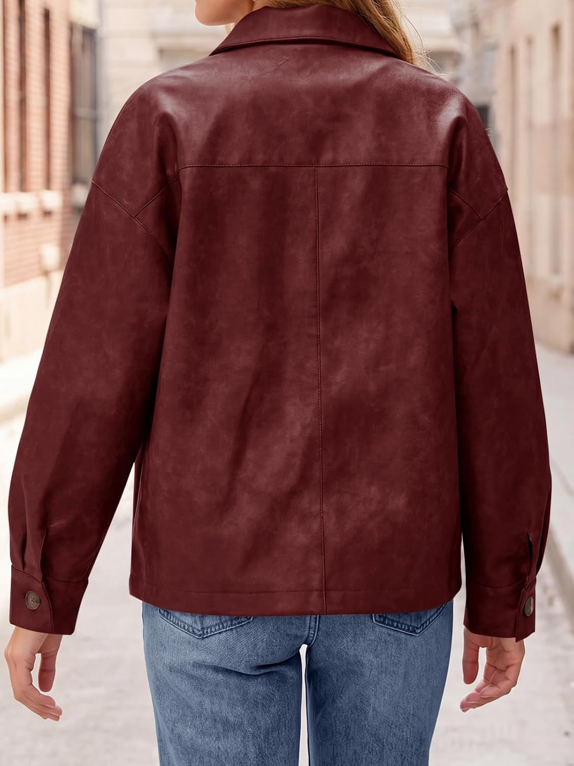 image:imageTankaneo Womens Collared Button Down Faux Leather Jackets Casual Outwear LapelFlat Chest PocketLong SleevesFully LinedMotorcycle ShacketBomber JacketVintage CoatTrendyFall FashionWine Red