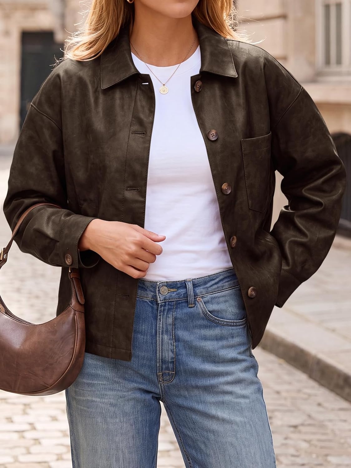 image:imageTankaneo Womens Collared Button Down Faux Leather Jackets Casual Outwear LapelFlat Chest PocketLong SleevesFully LinedMotorcycle ShacketBomber JacketVintage CoatTrendyFall FashionDark Brown