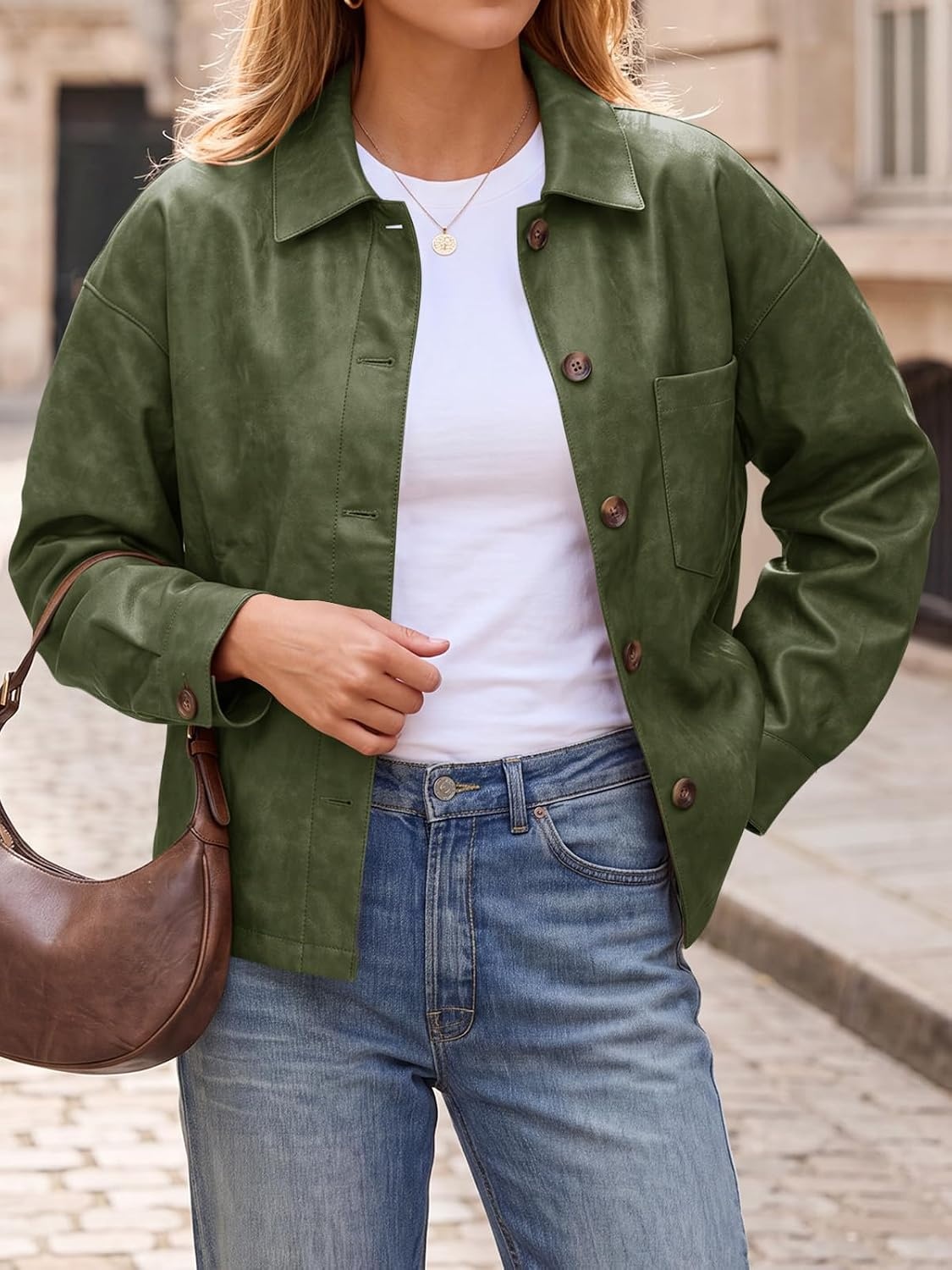image:imageTankaneo Womens Collared Button Down Faux Leather Jackets Casual Outwear LapelFlat Chest PocketLong SleevesFully LinedMotorcycle ShacketBomber JacketVintage CoatTrendyFall FashionArmy Green