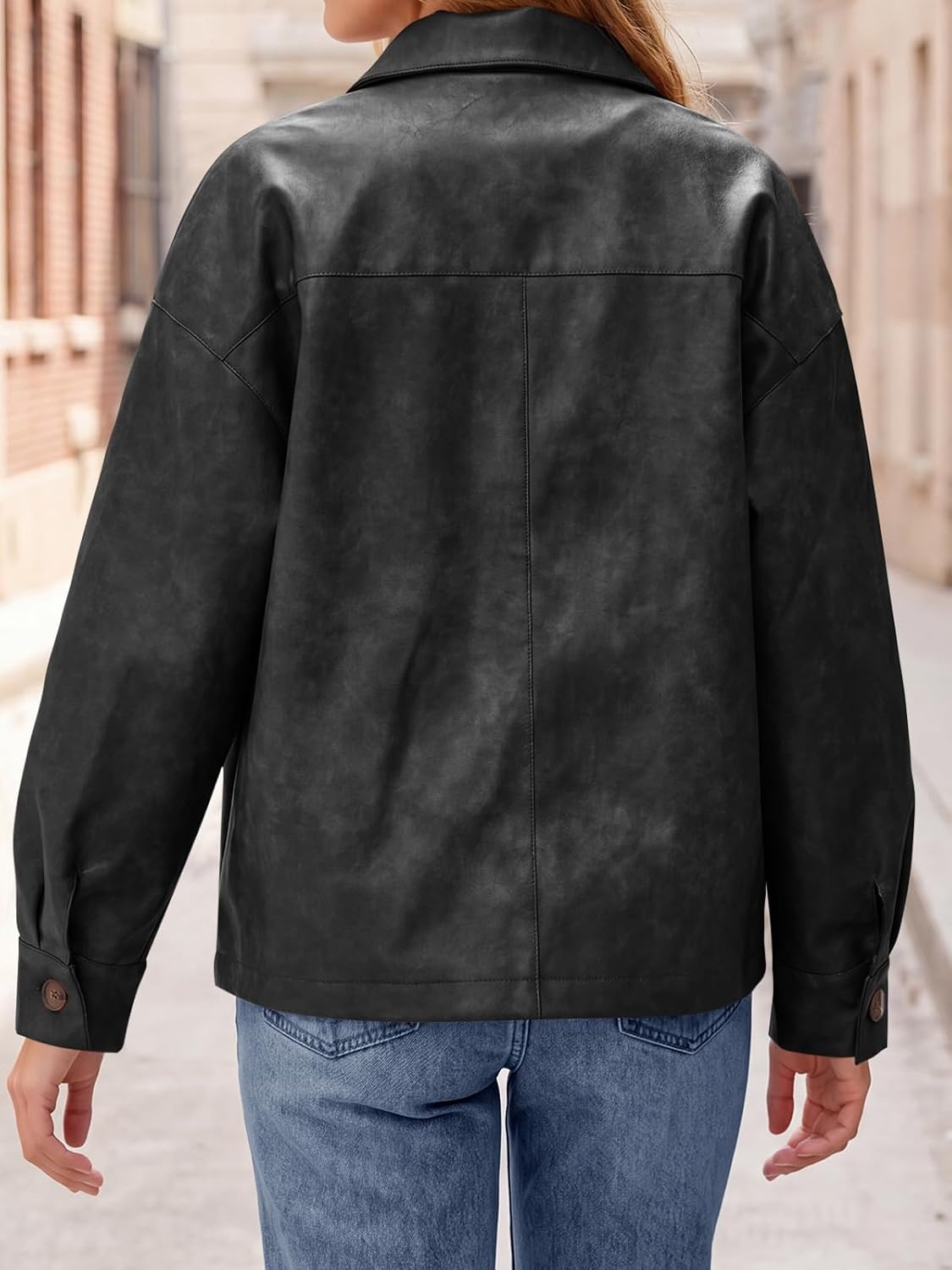 image:imageTankaneo Womens Collared Button Down Faux Leather Jackets Casual Outwear LapelFlat Chest PocketLong SleevesFully LinedMotorcycle ShacketBomber JacketVintage CoatTrendyFall FashionBlack