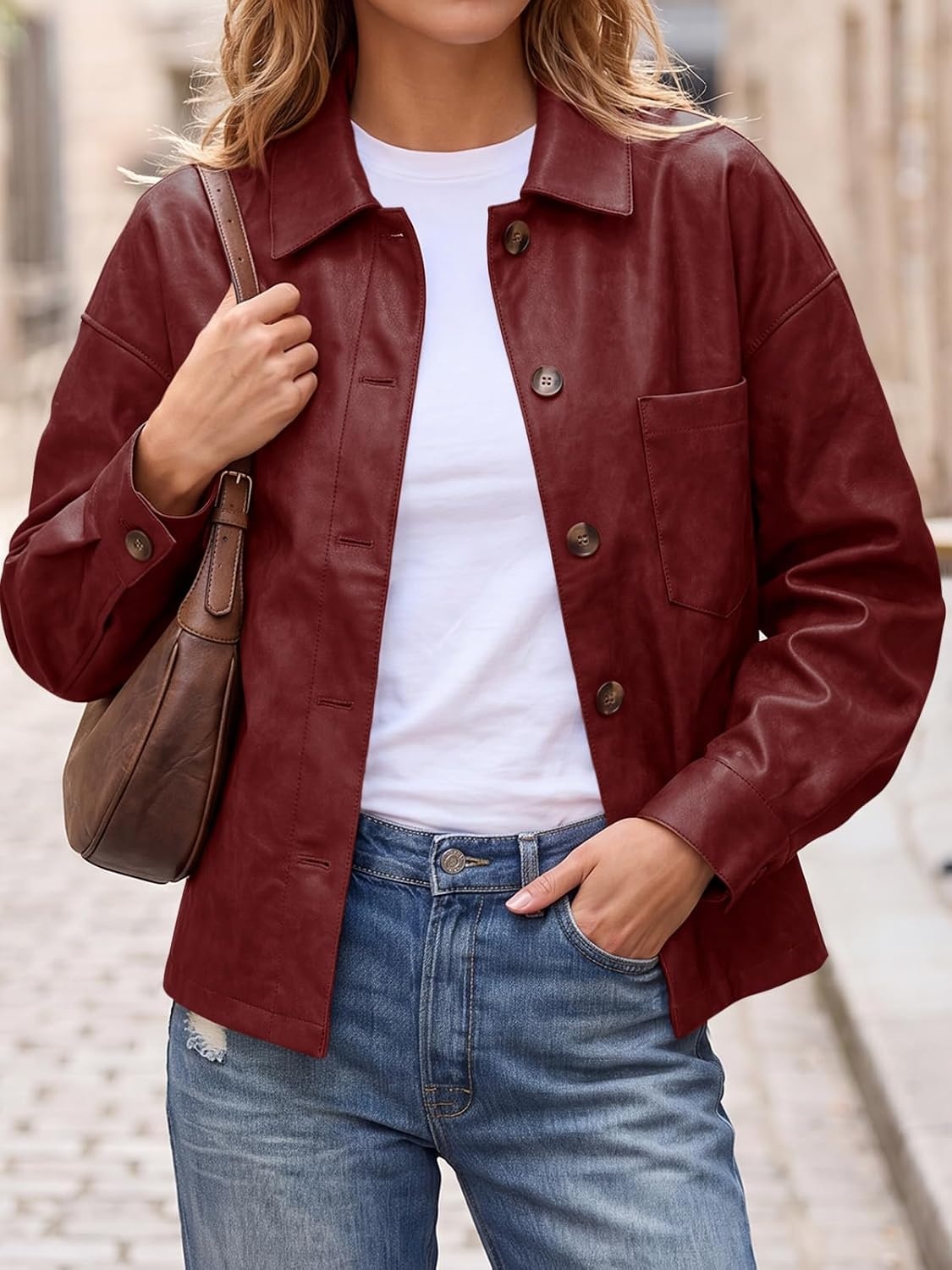 image:imageTankaneo Womens Collared Button Down Faux Leather Jackets Casual Outwear LapelFlat Chest PocketLong SleevesFully LinedMotorcycle ShacketBomber JacketVintage CoatTrendyFall FashionWine Red