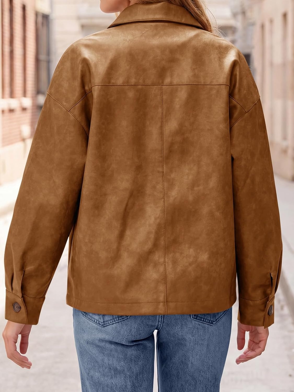 image:imageTankaneo Womens Collared Button Down Faux Leather Jackets Casual Outwear LapelFlat Chest PocketLong SleevesFully LinedMotorcycle ShacketBomber JacketVintage CoatTrendyFall FashionBrown