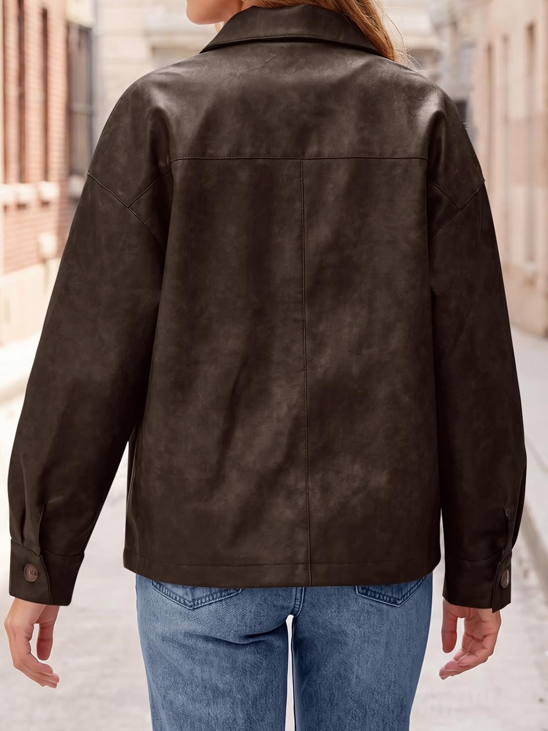image:imageTankaneo Womens Collared Button Down Faux Leather Jackets Casual Outwear LapelFlat Chest PocketLong SleevesFully LinedMotorcycle ShacketBomber JacketVintage CoatTrendyFall FashionDark Brown