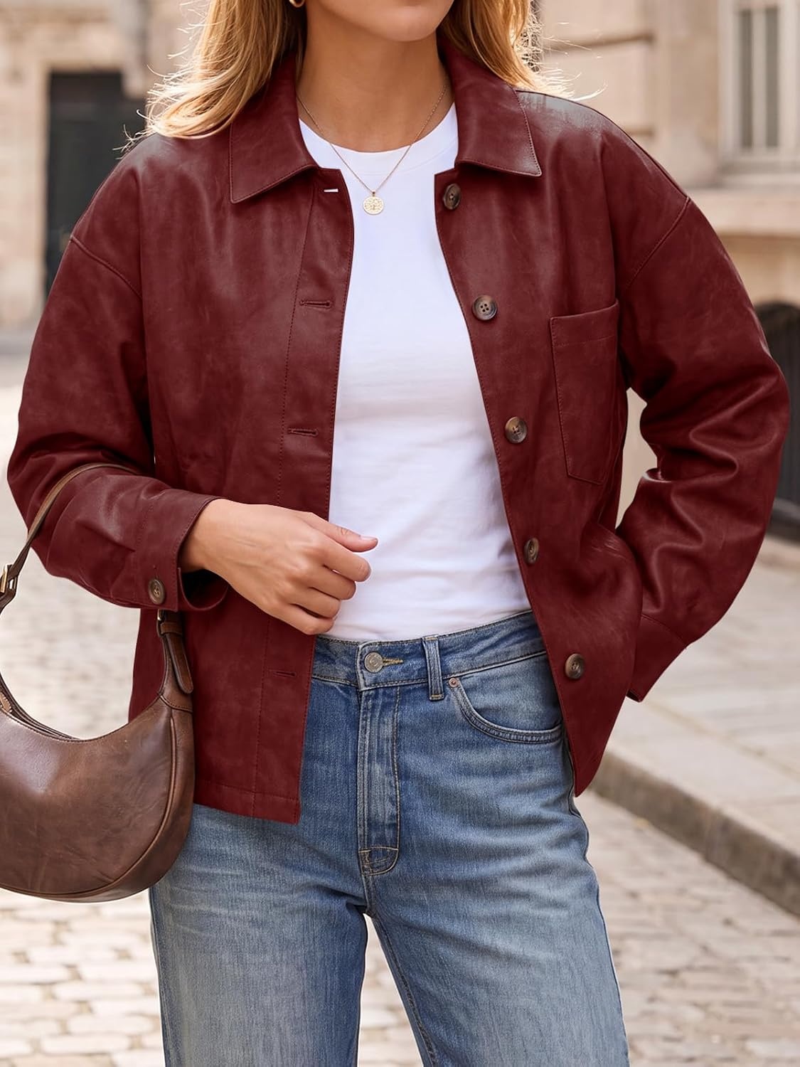 image:imageTankaneo Womens Collared Button Down Faux Leather Jackets Casual Outwear LapelFlat Chest PocketLong SleevesFully LinedMotorcycle ShacketBomber JacketVintage CoatTrendyFall FashionWine Red