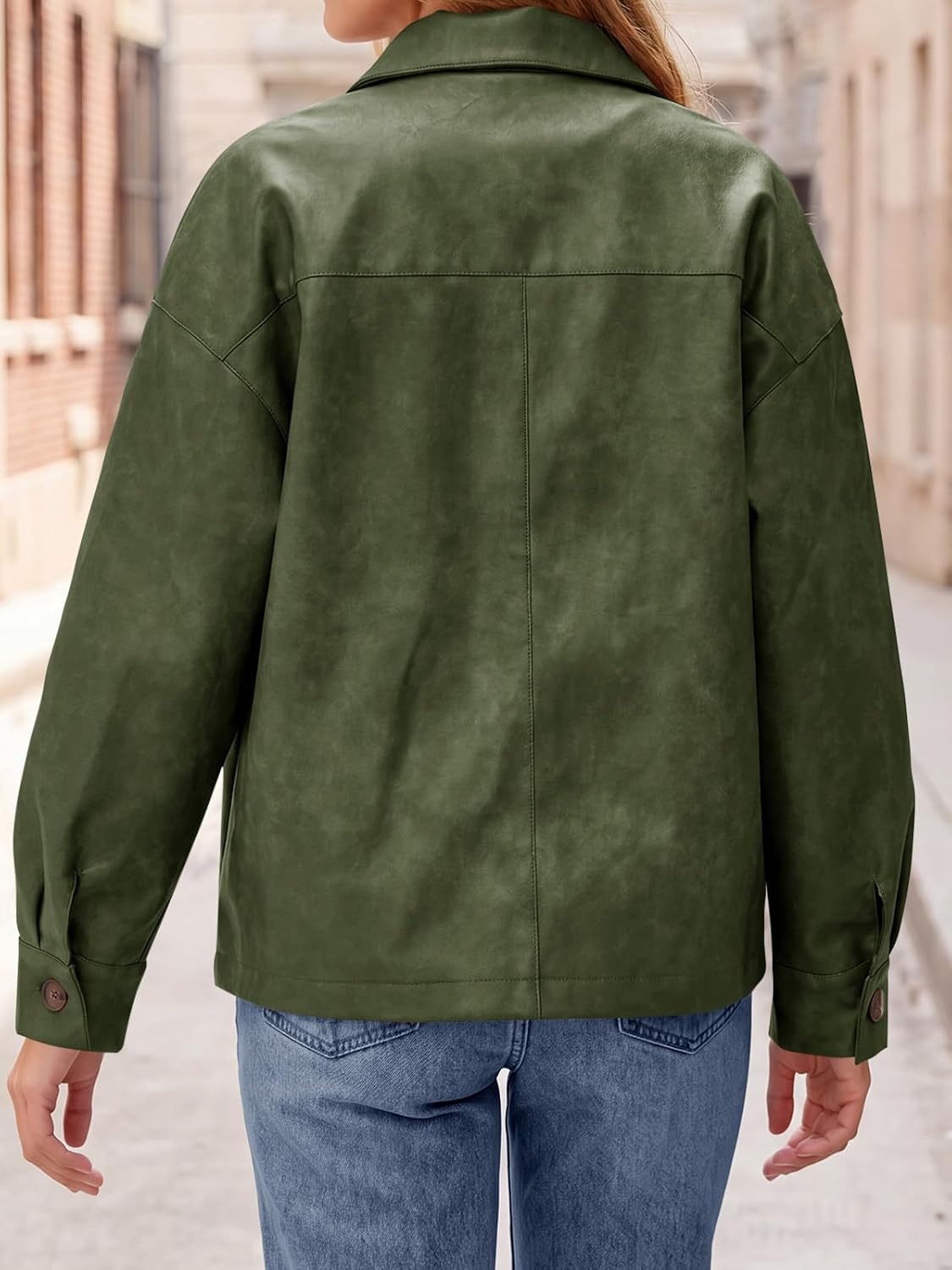 image:imageTankaneo Womens Collared Button Down Faux Leather Jackets Casual Outwear LapelFlat Chest PocketLong SleevesFully LinedMotorcycle ShacketBomber JacketVintage CoatTrendyFall FashionArmy Green