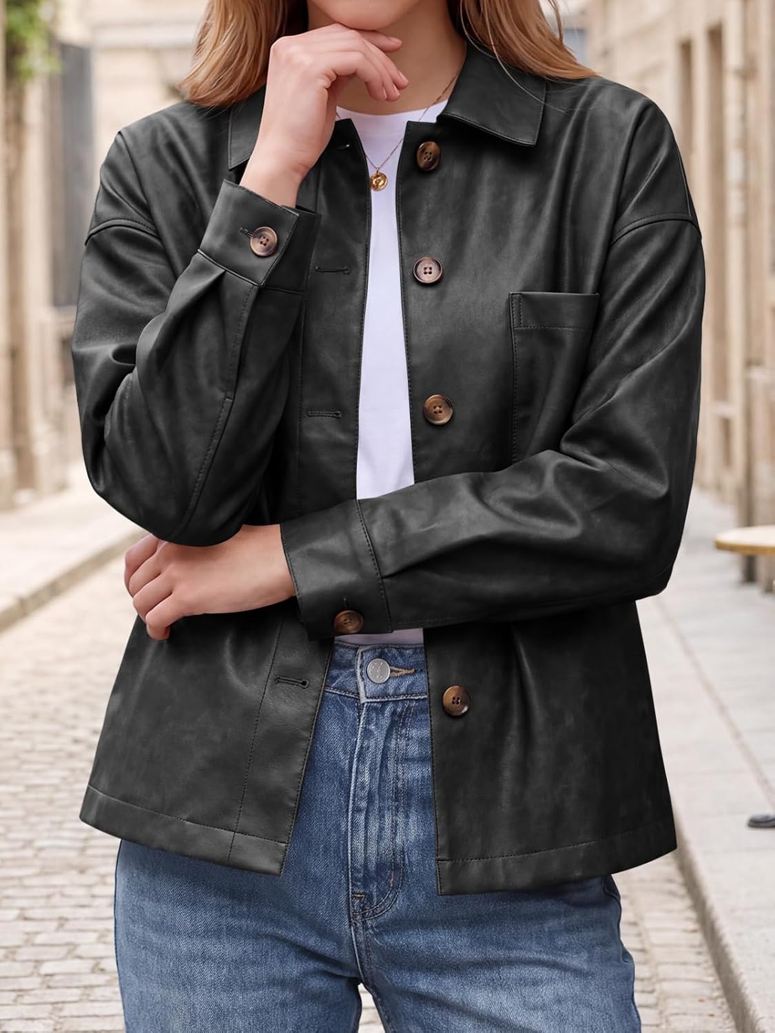 image:imageTankaneo Womens Collared Button Down Faux Leather Jackets Casual Outwear LapelFlat Chest PocketLong SleevesFully LinedMotorcycle ShacketBomber JacketVintage CoatTrendyFall FashionBlack