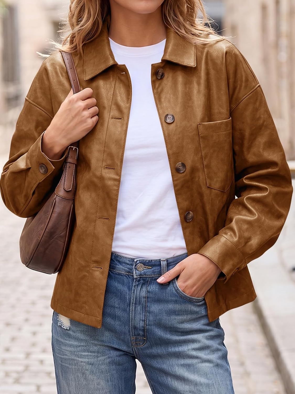 image:imageTankaneo Womens Collared Button Down Faux Leather Jackets Casual Outwear LapelFlat Chest PocketLong SleevesFully LinedMotorcycle ShacketBomber JacketVintage CoatTrendyFall FashionBrown