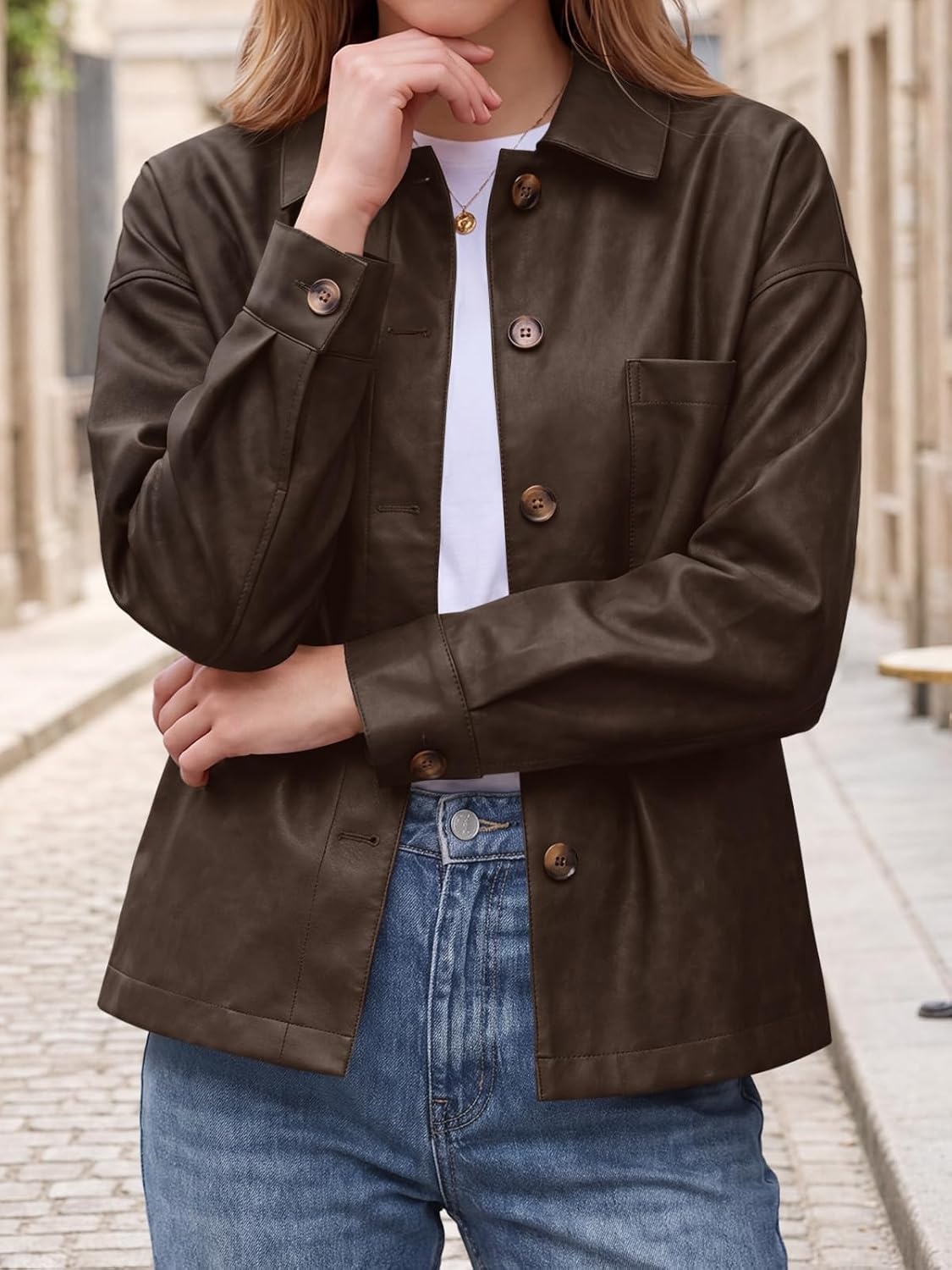 image:imageTankaneo Womens Collared Button Down Faux Leather Jackets Casual Outwear LapelFlat Chest PocketLong SleevesFully LinedMotorcycle ShacketBomber JacketVintage CoatTrendyFall FashionDark Brown