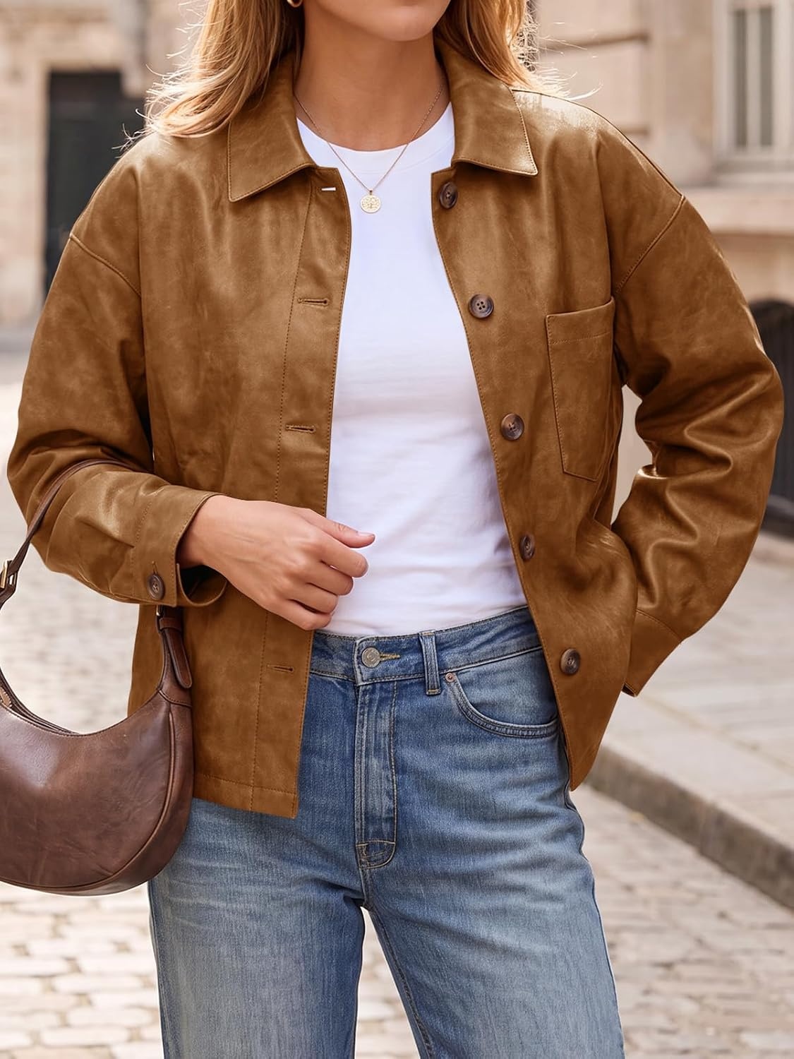 image:imageTankaneo Womens Collared Button Down Faux Leather Jackets Casual Outwear LapelFlat Chest PocketLong SleevesFully LinedMotorcycle ShacketBomber JacketVintage CoatTrendyFall FashionBrown
