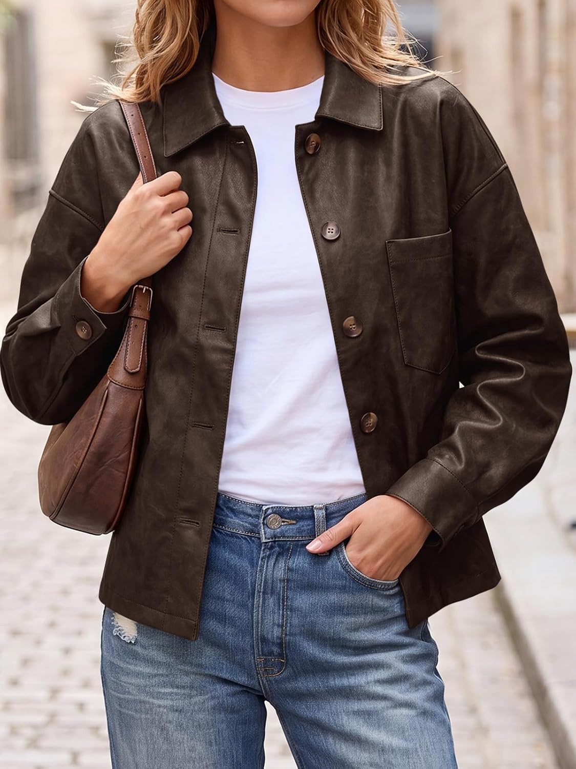 image:imageTankaneo Womens Collared Button Down Faux Leather Jackets Casual Outwear LapelFlat Chest PocketLong SleevesFully LinedMotorcycle ShacketBomber JacketVintage CoatTrendyFall FashionDark Brown