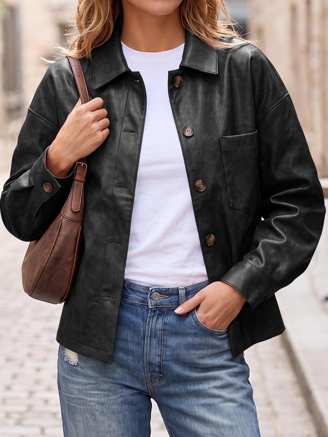 image:imageTankaneo Womens Collared Button Down Faux Leather Jackets Casual Outwear LapelFlat Chest PocketLong SleevesFully LinedMotorcycle ShacketBomber JacketVintage CoatTrendyFall FashionBlack