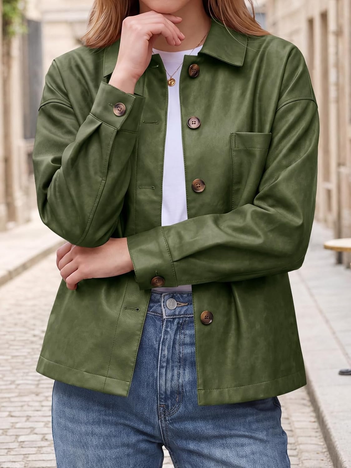 image:imageTankaneo Womens Collared Button Down Faux Leather Jackets Casual Outwear LapelFlat Chest PocketLong SleevesFully LinedMotorcycle ShacketBomber JacketVintage CoatTrendyFall FashionArmy Green