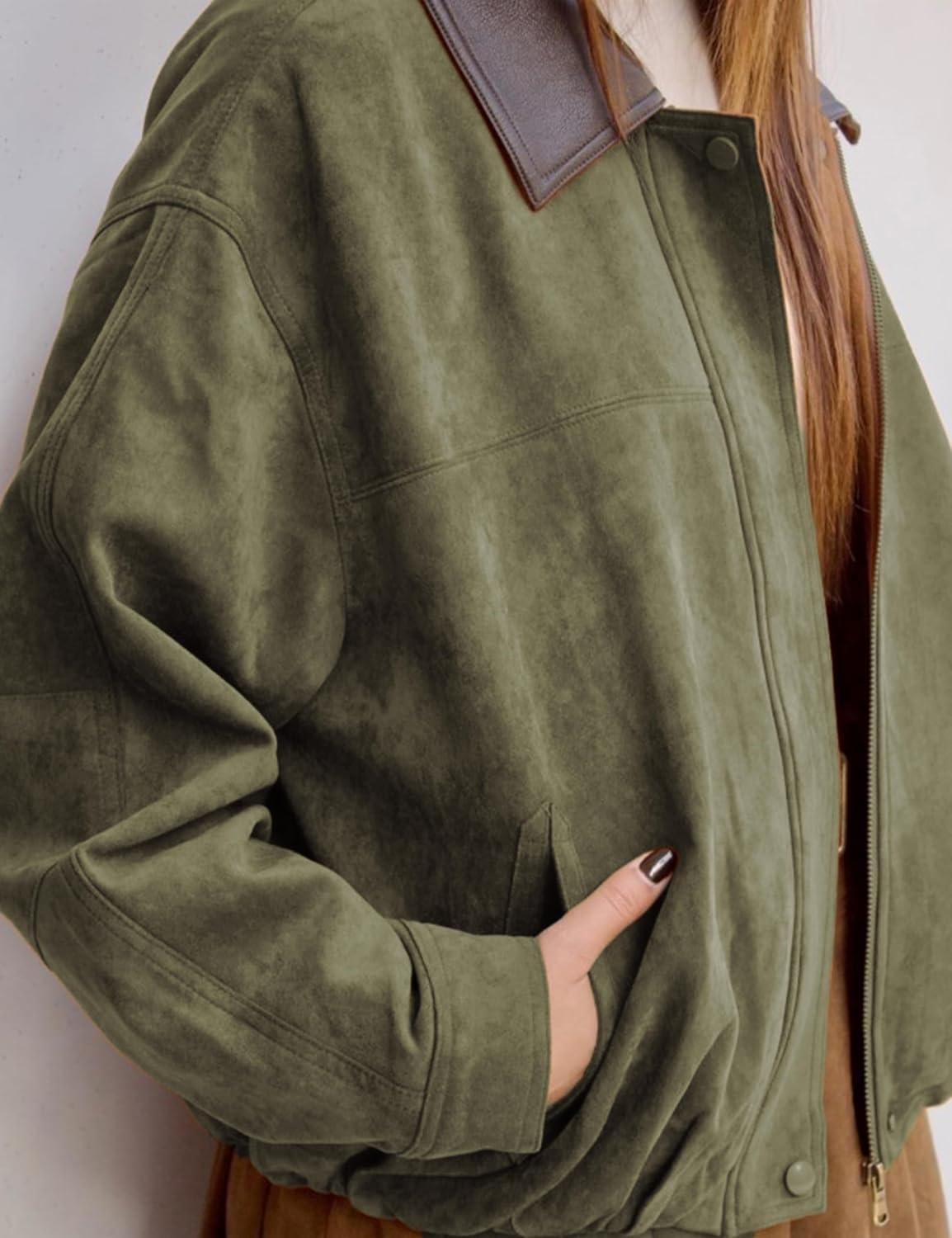 image:imageTanming Womens Faux Suede Leather Jackets Lapel Pilot Coat Oversized Fit Long Sleeve Zip up Motorcycle Biker Jacket Casual Spring Fall Trendy Clothes Outerwear StreetwearArmy Green