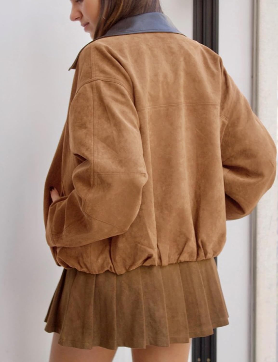 image:imageTanming Womens Faux Suede Leather Jackets Lapel Pilot Coat Oversized Fit Long Sleeve Zip up Motorcycle Biker Jacket Casual Spring Fall Trendy Clothes Outerwear StreetwearBrown