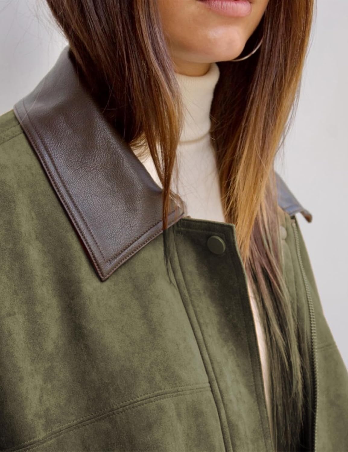 image:imageTanming Womens Faux Suede Leather Jackets Lapel Pilot Coat Oversized Fit Long Sleeve Zip up Motorcycle Biker Jacket Casual Spring Fall Trendy Clothes Outerwear StreetwearArmy Green