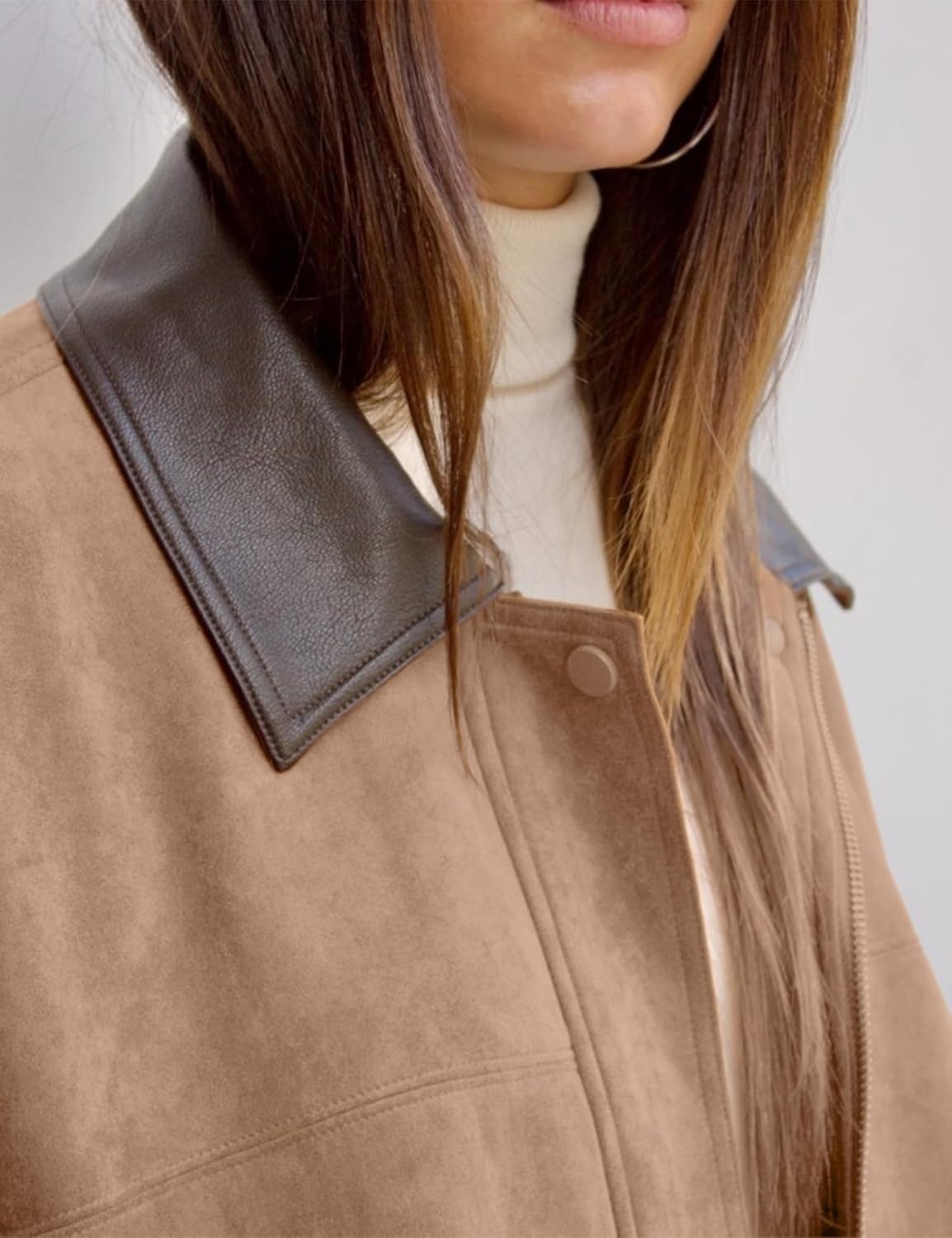 image:imageTanming Womens Faux Suede Leather Jackets Lapel Pilot Coat Oversized Fit Long Sleeve Zip up Motorcycle Biker Jacket Casual Spring Fall Trendy Clothes Outerwear StreetwearKhaki