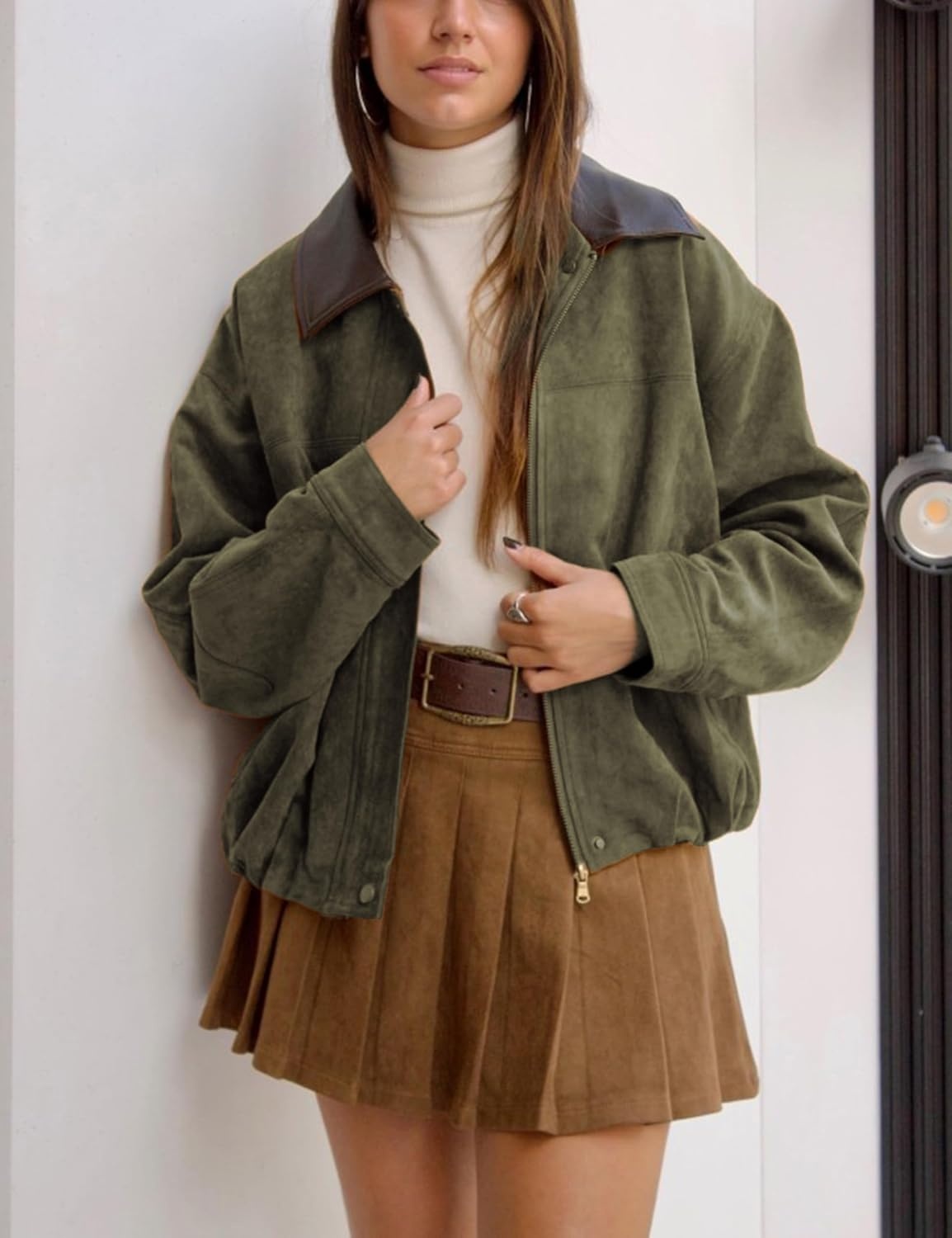 image:imageTanming Womens Faux Suede Leather Jackets Lapel Pilot Coat Oversized Fit Long Sleeve Zip up Motorcycle Biker Jacket Casual Spring Fall Trendy Clothes Outerwear StreetwearArmy Green