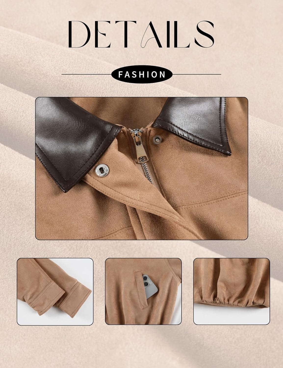 image:imageTanming Womens Faux Suede Leather Jackets Lapel Pilot Coat Oversized Fit Long Sleeve Zip up Motorcycle Biker Jacket Casual Spring Fall Trendy Clothes Outerwear StreetwearKhaki