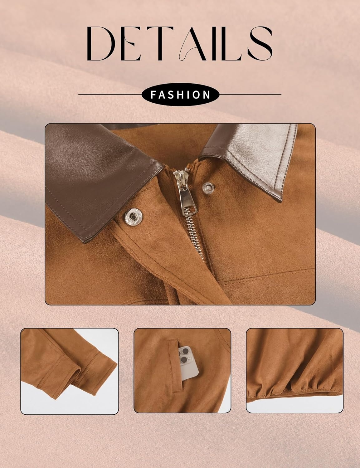 image:imageTanming Womens Faux Suede Leather Jackets Lapel Pilot Coat Oversized Fit Long Sleeve Zip up Motorcycle Biker Jacket Casual Spring Fall Trendy Clothes Outerwear StreetwearBrown