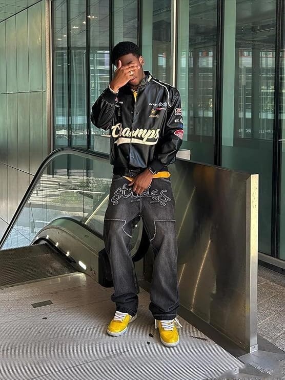 image:imageVamtac Faux Leather Motocross Jackets Oversized Vintage Racing Varsity Bomber Coat Men Trendy StreetwearBlack
