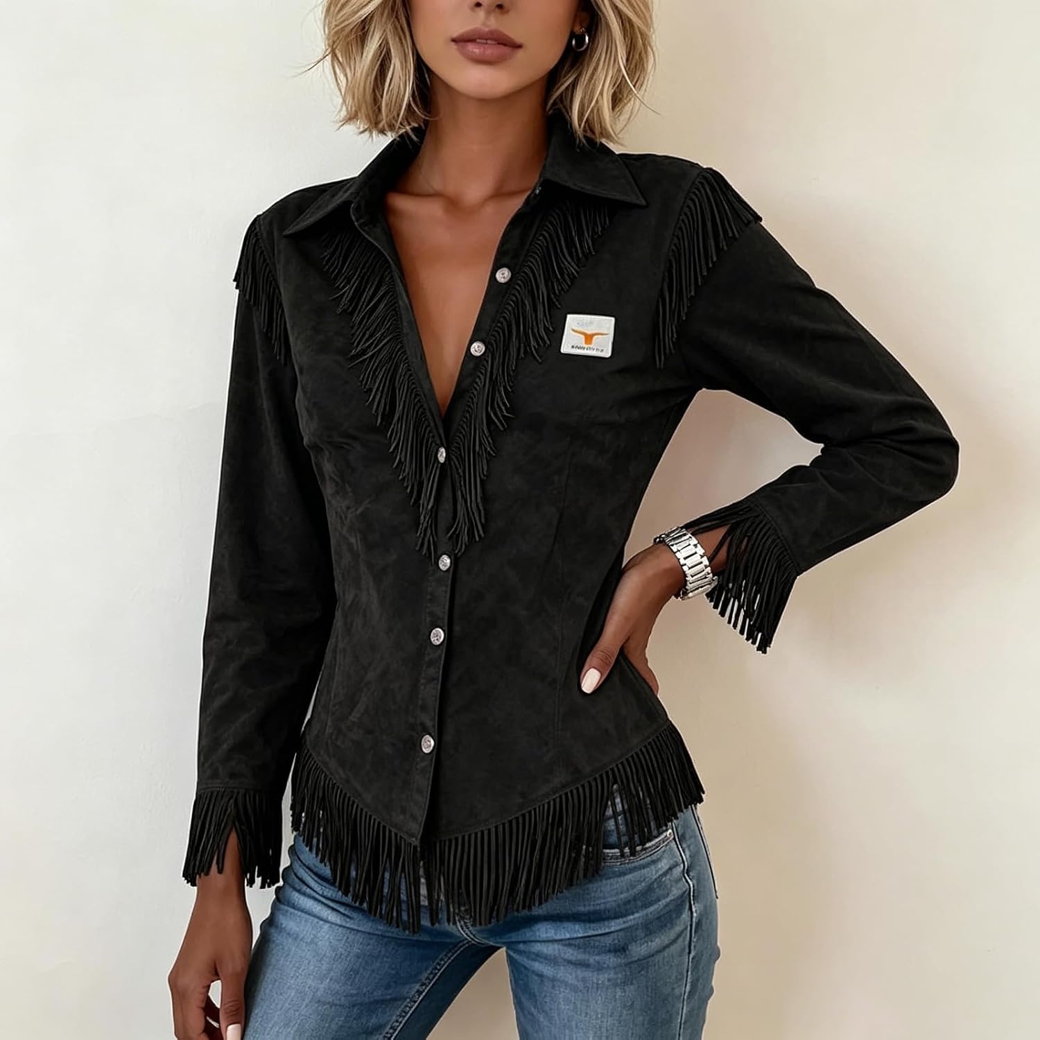 image:imageWestern Tops for Women Y2K Slim Fit Lapel V Neck Suede Fringe Cowgirl Shirt Tassel Suede Raw Hem Button Up Long Sleeve Y2K Hippie Retro Fringed Cowboy Jacket Work Dressy Fall Fashion OutfitsA003black
