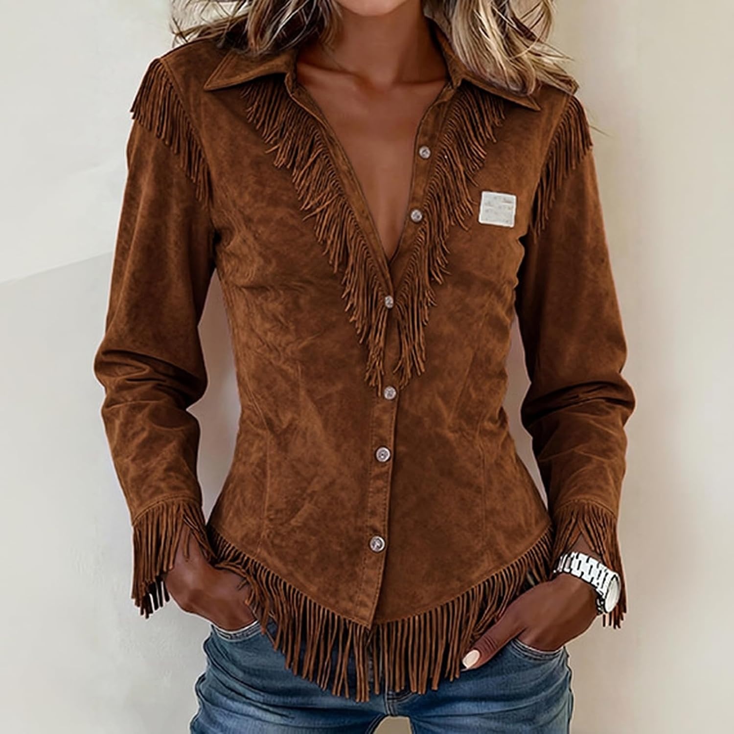 image:imageWestern Tops for Women Y2K Slim Fit Lapel V Neck Suede Fringe Cowgirl Shirt Tassel Suede Raw Hem Button Up Long Sleeve Y2K Hippie Retro Fringed Cowboy Jacket Work Dressy Fall Fashion OutfitsA001brown