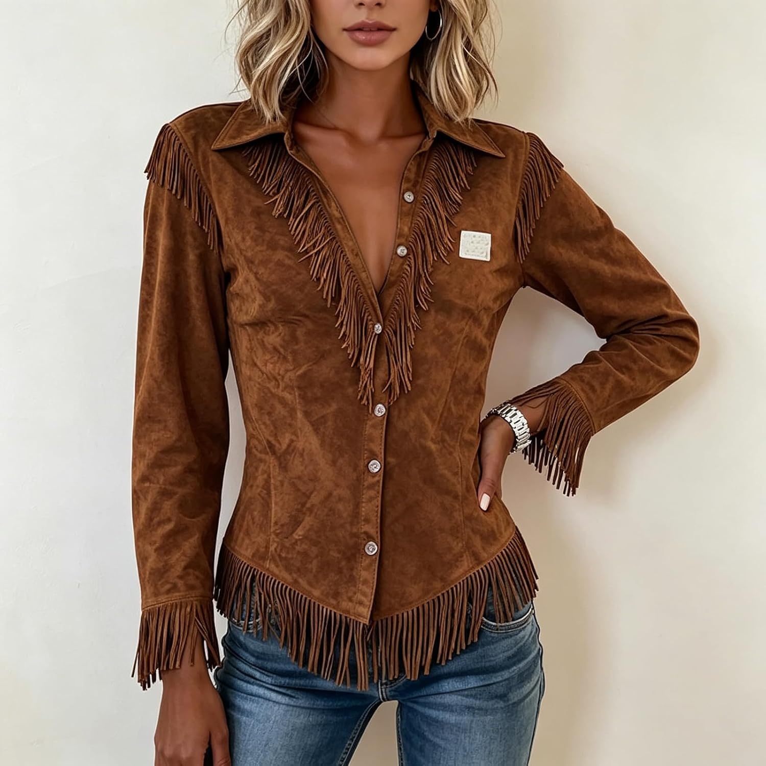 image:imageWestern Tops for Women Y2K Slim Fit Lapel V Neck Suede Fringe Cowgirl Shirt Tassel Suede Raw Hem Button Up Long Sleeve Y2K Hippie Retro Fringed Cowboy Jacket Work Dressy Fall Fashion OutfitsA001brown