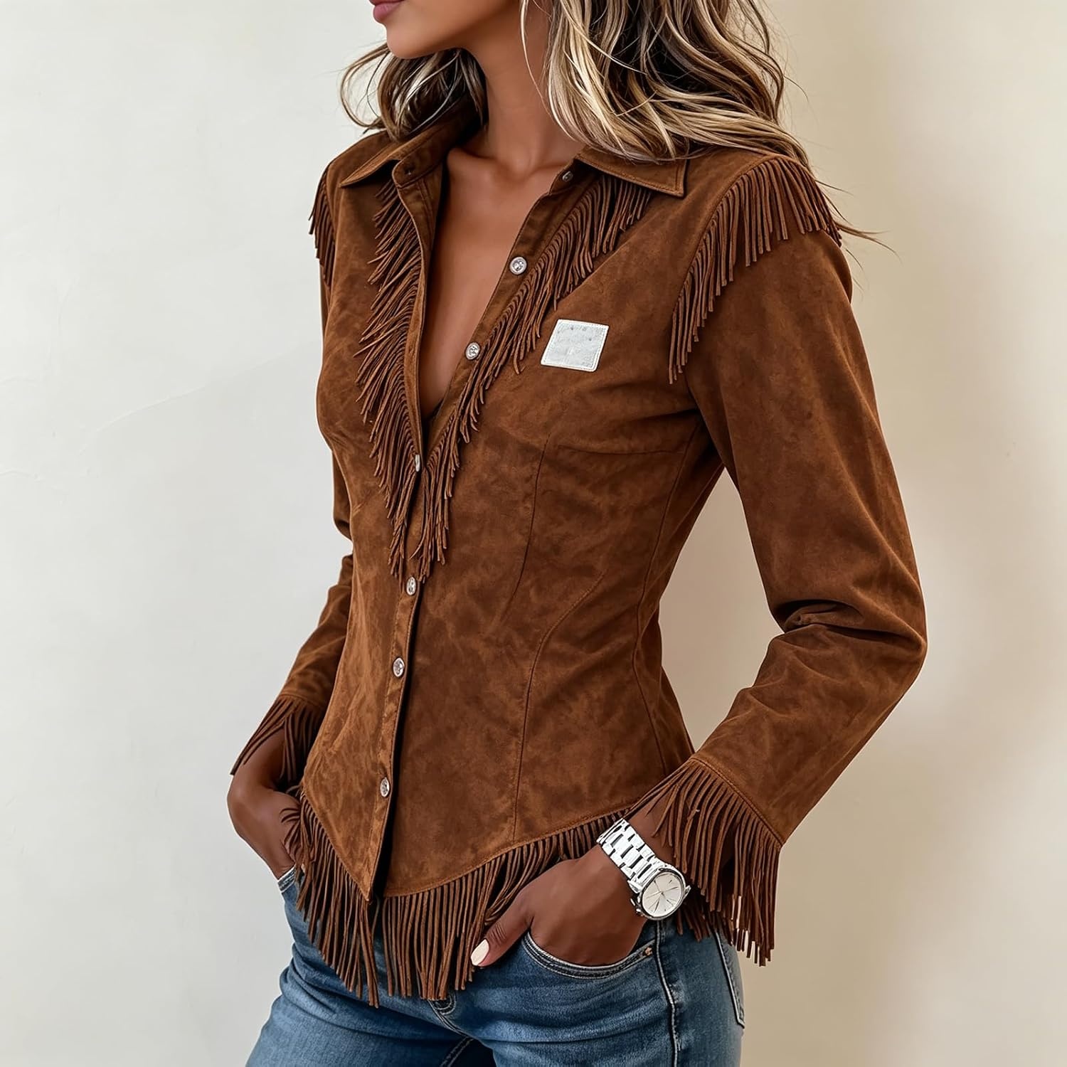 image:imageWestern Tops for Women Y2K Slim Fit Lapel V Neck Suede Fringe Cowgirl Shirt Tassel Suede Raw Hem Button Up Long Sleeve Y2K Hippie Retro Fringed Cowboy Jacket Work Dressy Fall Fashion OutfitsA001brown