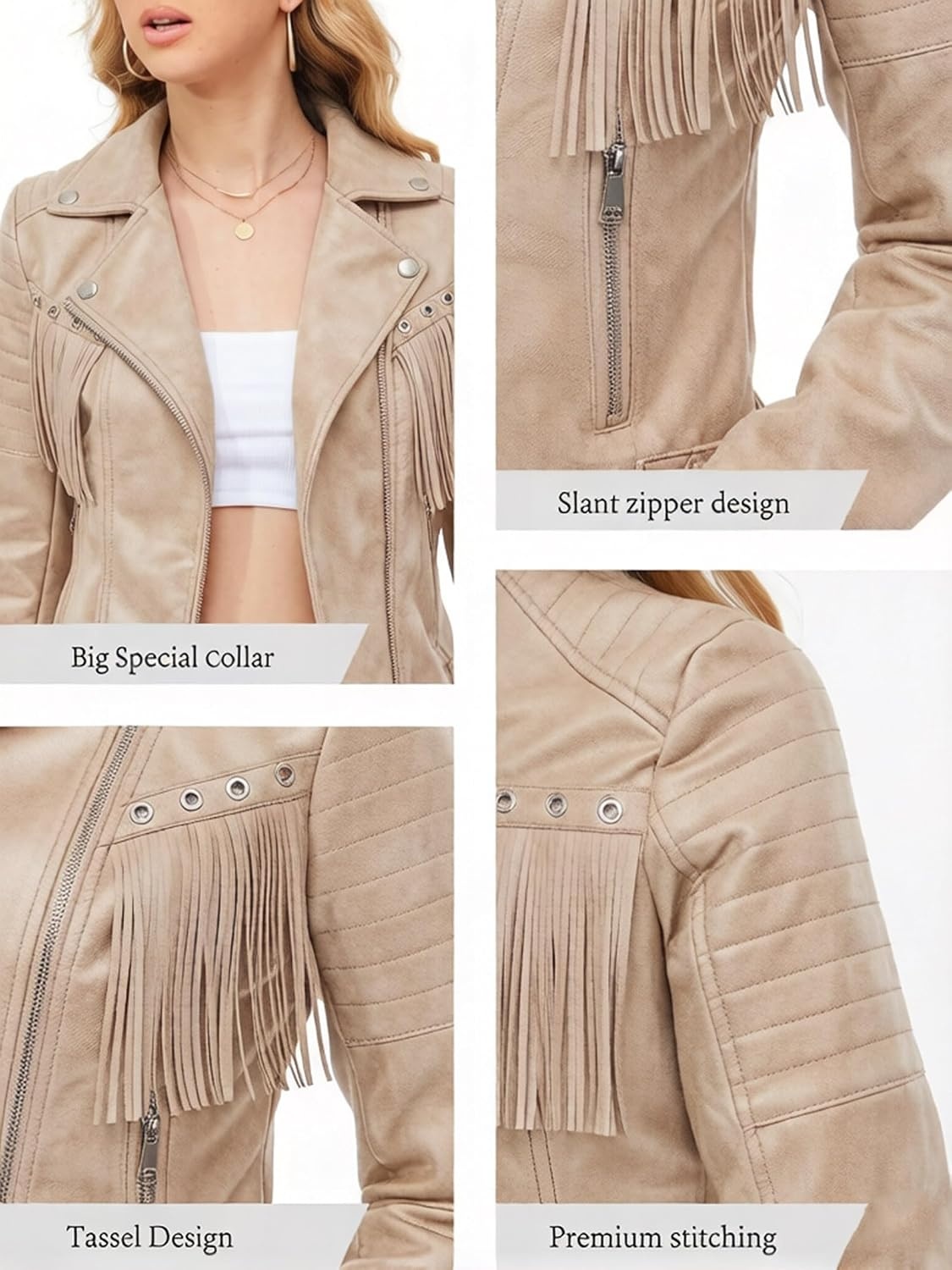image:imageWomen Faux Leather Moto Jacket BeltedTassel Trim Fringe Vegan PLeather Short CoatZipper UpLapel CollarWestern Country ConcertsFall Spring FashionApricot Beigesuede Fabric