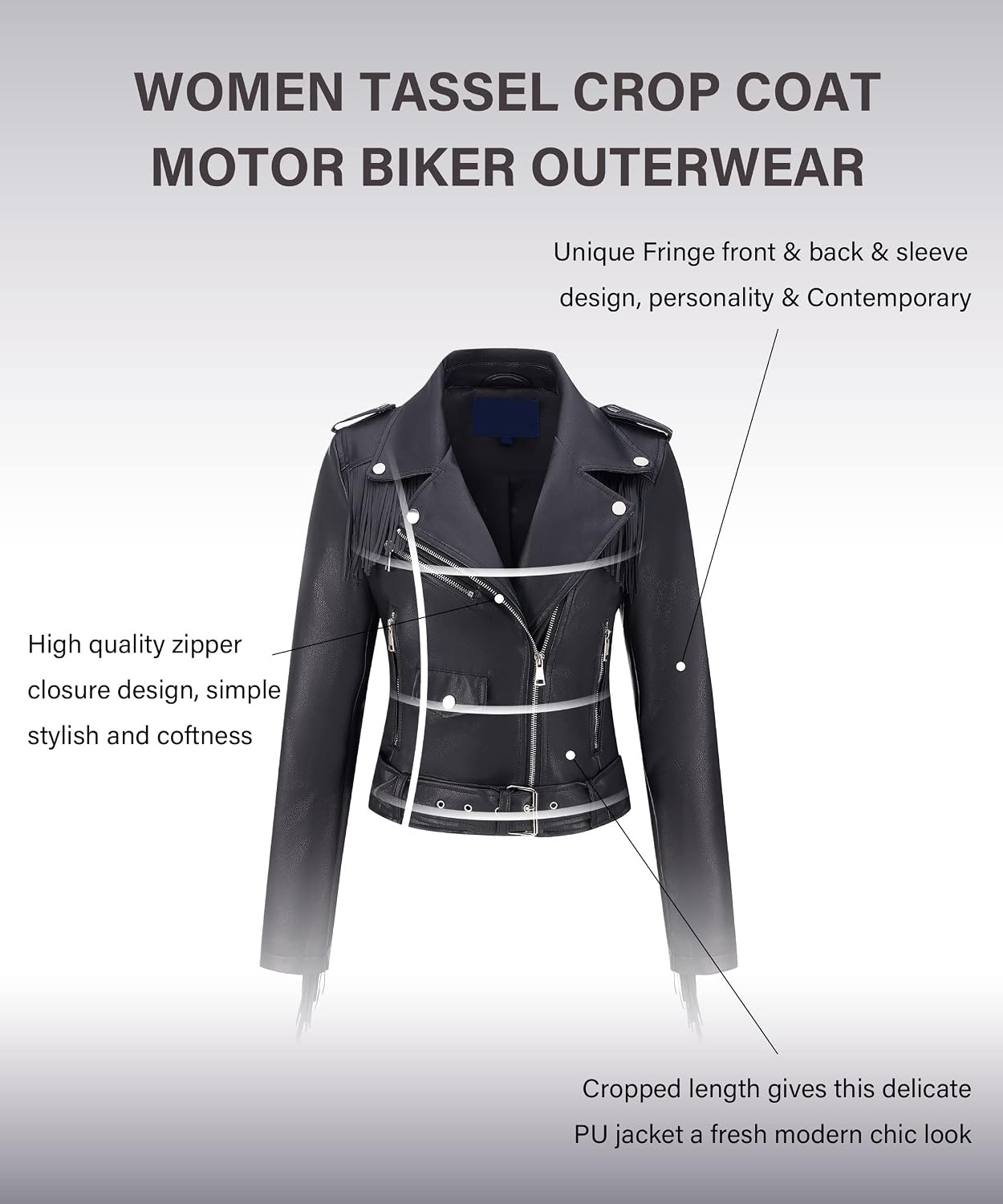 image:imageWomen Faux Leather Moto Jacket BeltedTassel Trim Fringe Vegan PLeather Short CoatZipper UpLapel CollarWestern Country ConcertsFall Spring FashionBlack