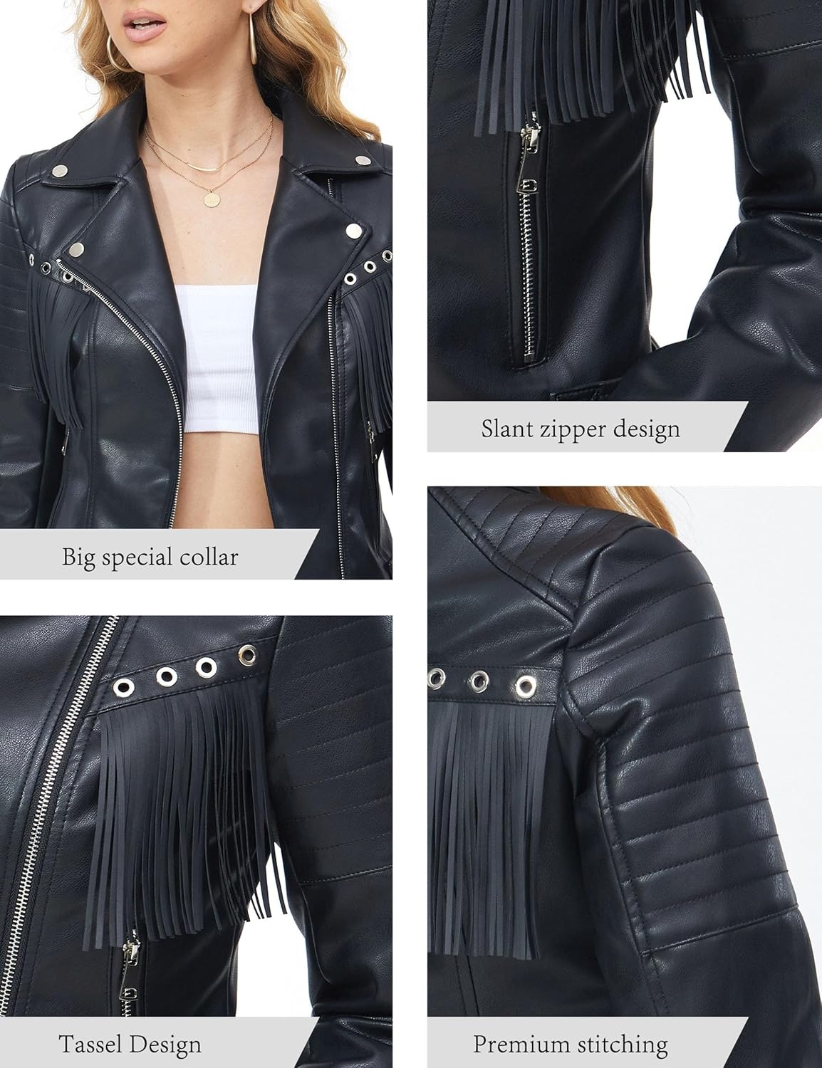 image:imageWomen Faux Leather Moto Jacket BeltedTassel Trim Fringe Vegan PLeather Short CoatZipper UpLapel CollarWestern Country ConcertsFall Spring FashionBlack