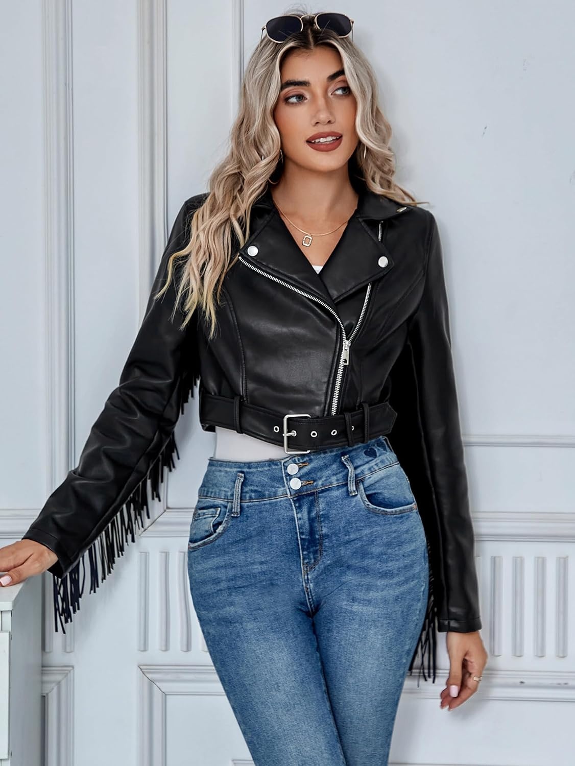 image:imageWomen Faux Leather Moto Jacket BeltedTassel Trim Fringe Vegan PLeather Short CoatZipper UpLapel CollarWestern Country ConcertsFall Spring FashionBlackcroppedwithout Pocket