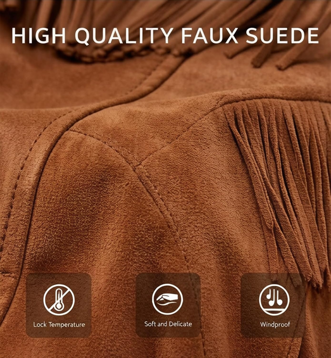 image:imageWomen Faux Leather Moto Jacket BeltedTassel Trim Fringe Vegan PLeather Short CoatZipper UpLapel CollarWestern Country ConcertsFall Spring FashionBrownsuede Fabric