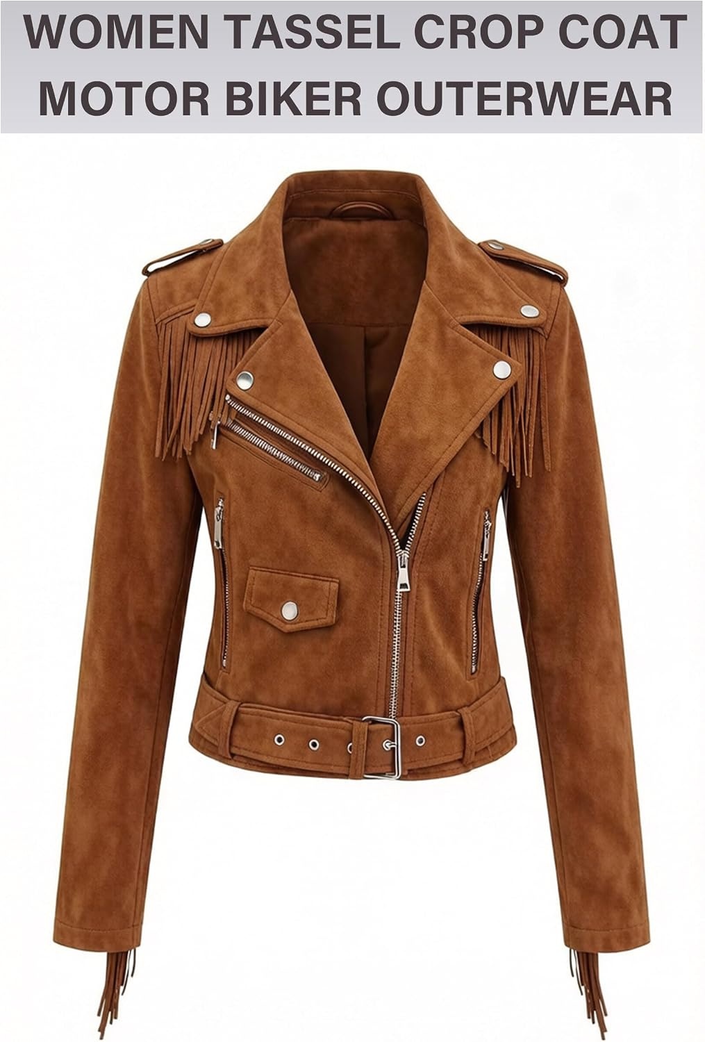 image:imageWomen Faux Leather Moto Jacket BeltedTassel Trim Fringe Vegan PLeather Short CoatZipper UpLapel CollarWestern Country ConcertsFall Spring FashionBrownsuede Fabric
