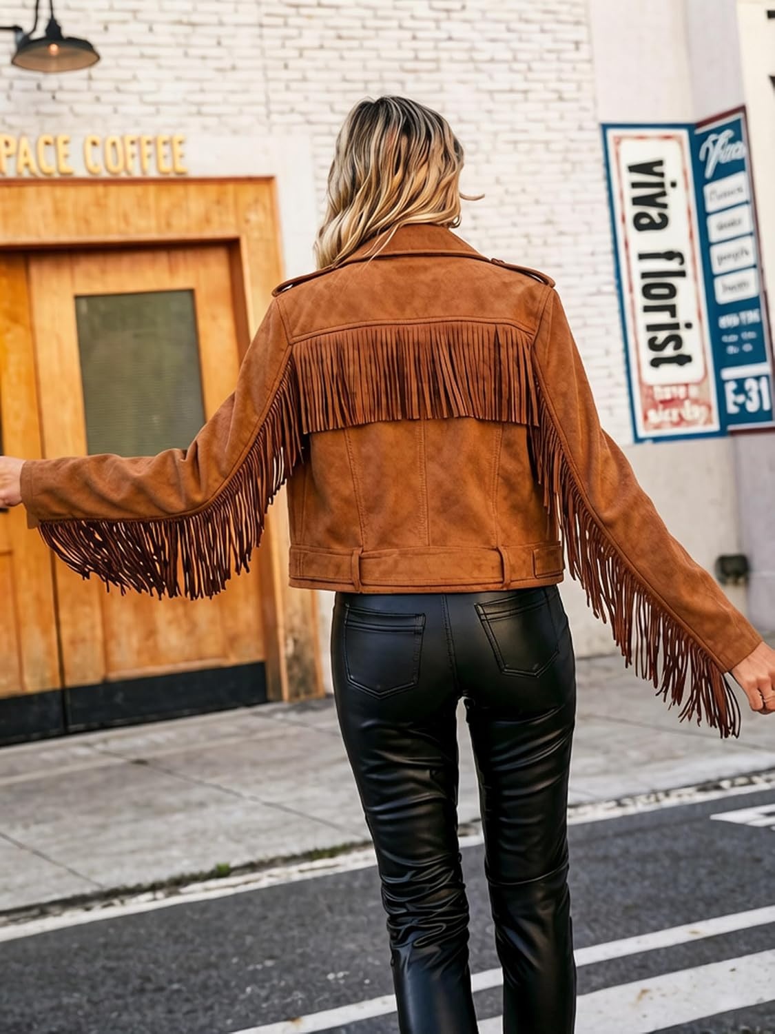 image:imageWomen Faux Leather Moto Jacket BeltedTassel Trim Fringe Vegan PLeather Short CoatZipper UpLapel CollarWestern Country ConcertsFall Spring FashionBrownsuede Fabric