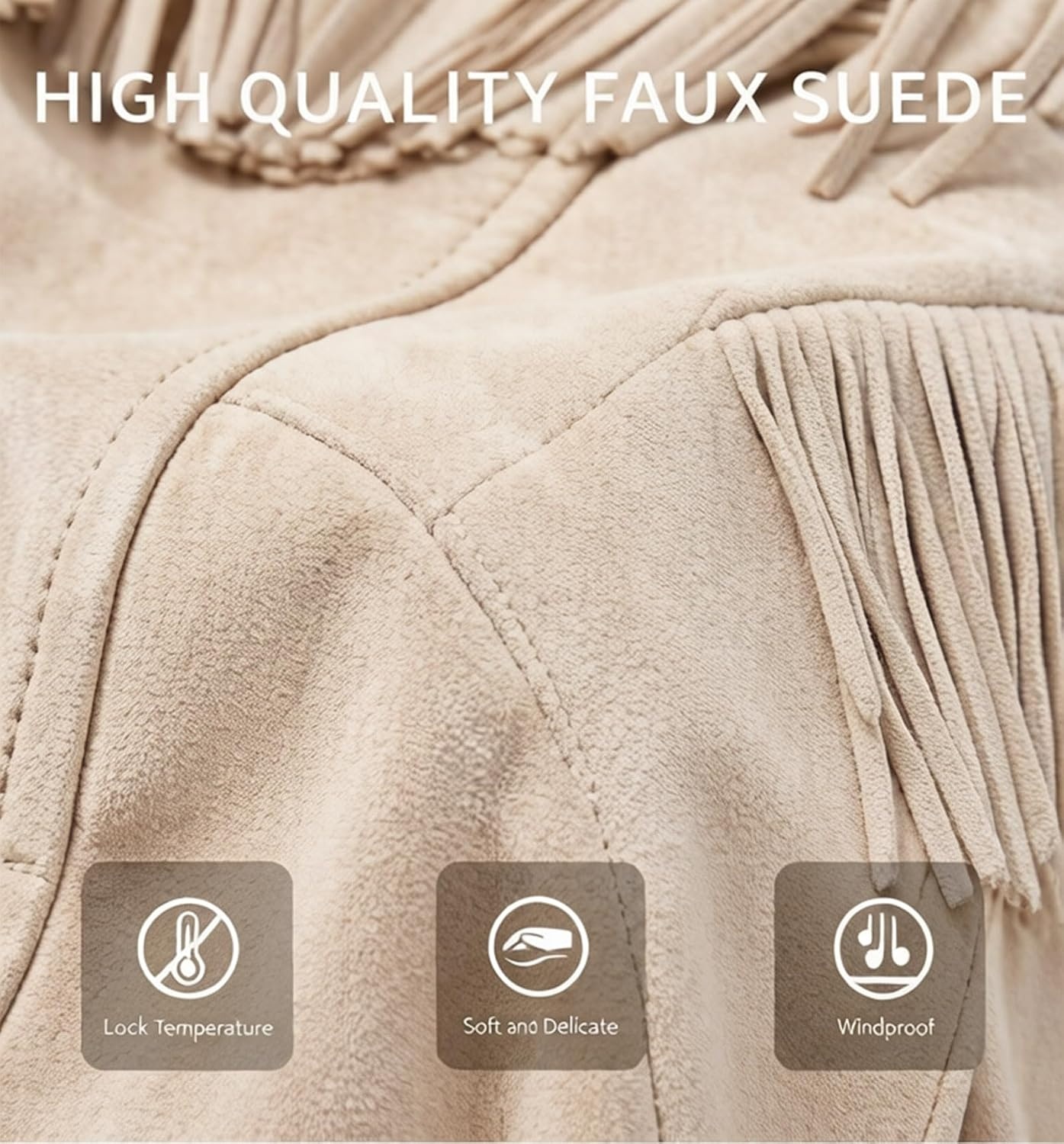 image:imageWomen Faux Leather Moto Jacket BeltedTassel Trim Fringe Vegan PLeather Short CoatZipper UpLapel CollarWestern Country ConcertsFall Spring FashionOff Whitesuede Fabric